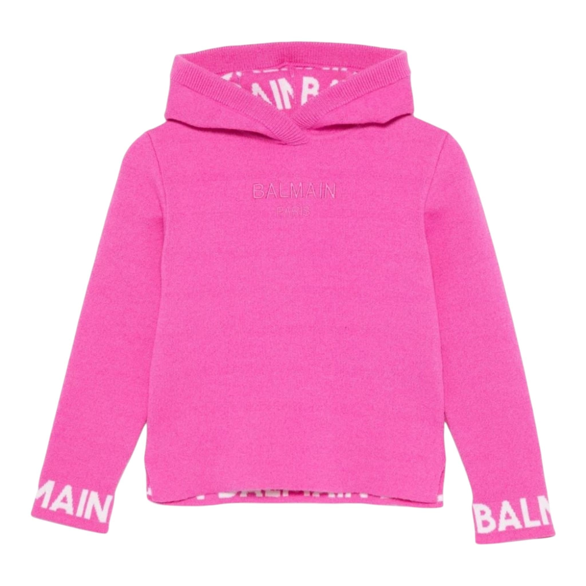 BALMAIN maglia tinta unita con cappuccio e stampa Fuxia per Bambina BV9B10 FUXIA BALMAIN
