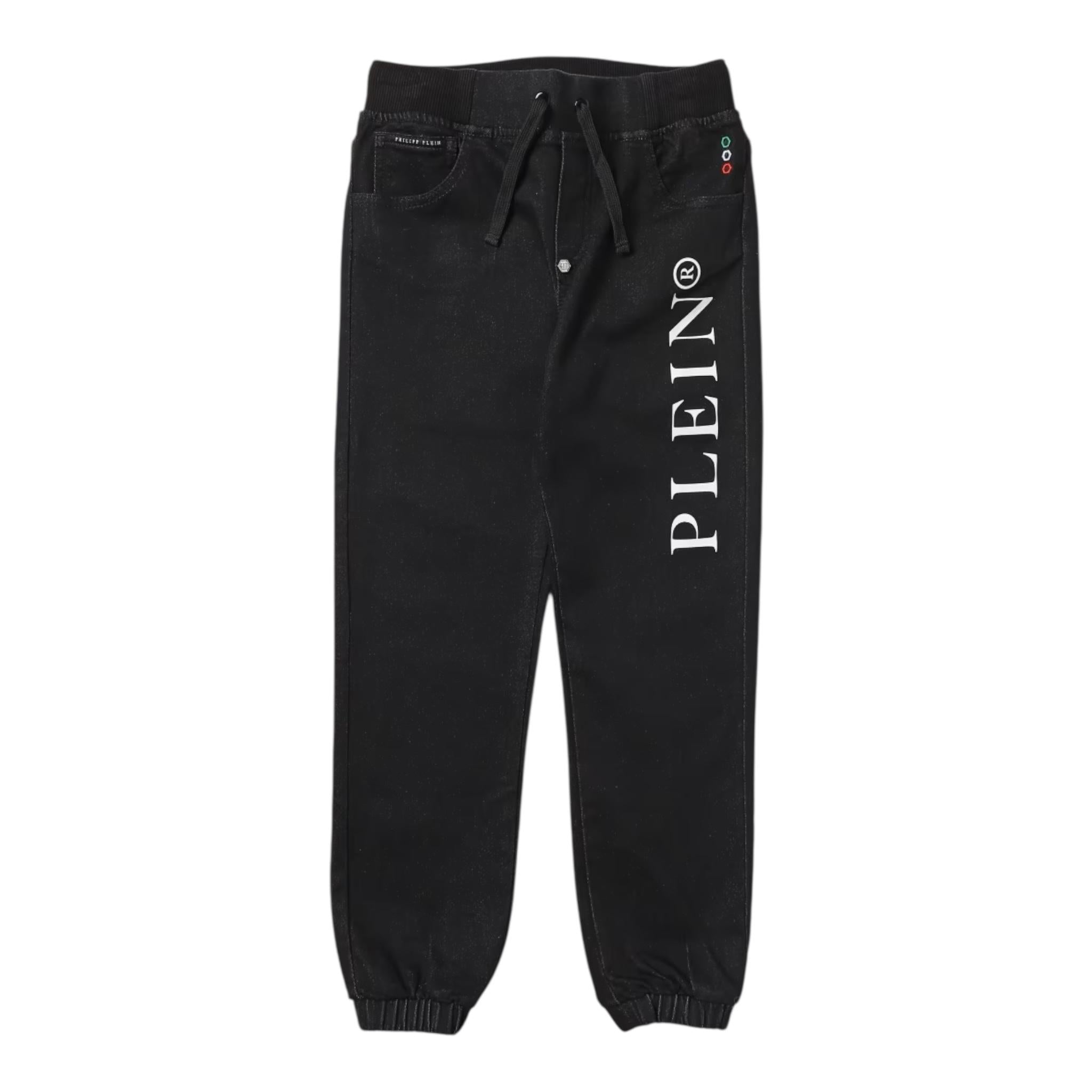PHILIPPE PLEIN jeans tinta unita con elastico in vita e logo Nero per Bambino 2MP00S NERO PHILIPPE PLEIN