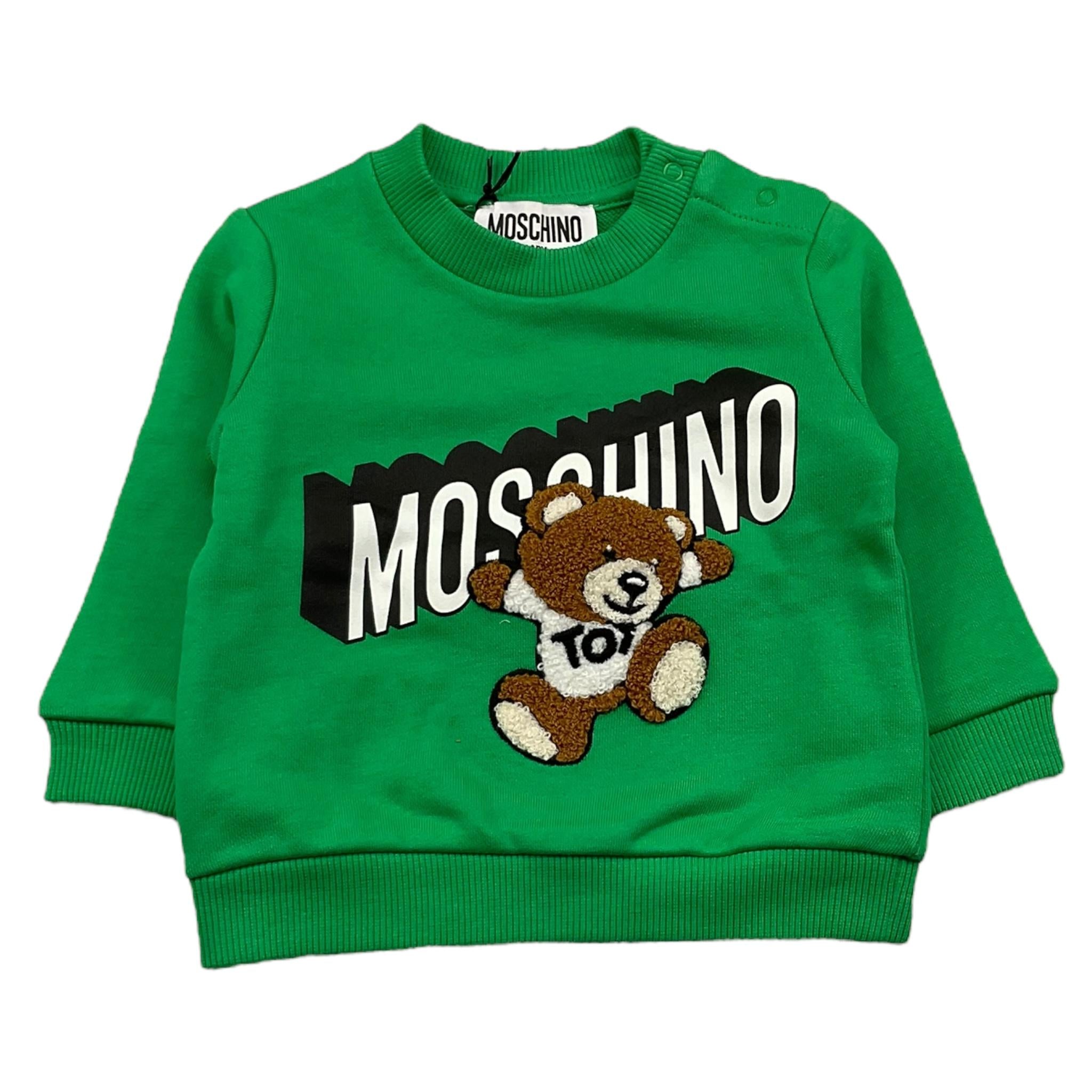 MOSCHINO felpa chiusa girocollo tinta unita con stampa in contrasto Verde per Neonato MVF04Q VERDE MOSCHINO