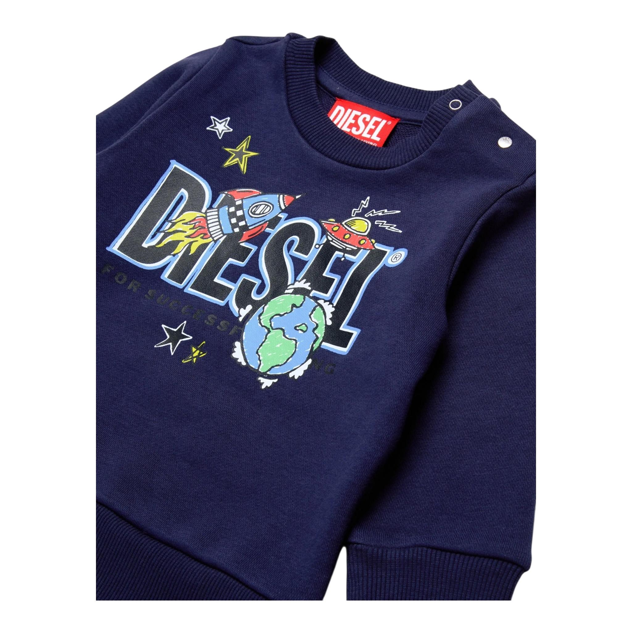 DIESEL felpa chiusa girocollo tinta unita cn stampa in contrasto Blu per Neonato K00582 BLU DIESEL