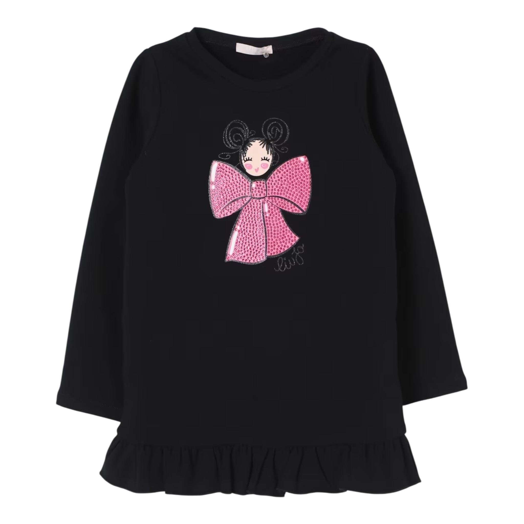 LIU JO abito in felpa girocollo tinta unita con stampa Nero per Bambina KF4107XX NERO LIU JO