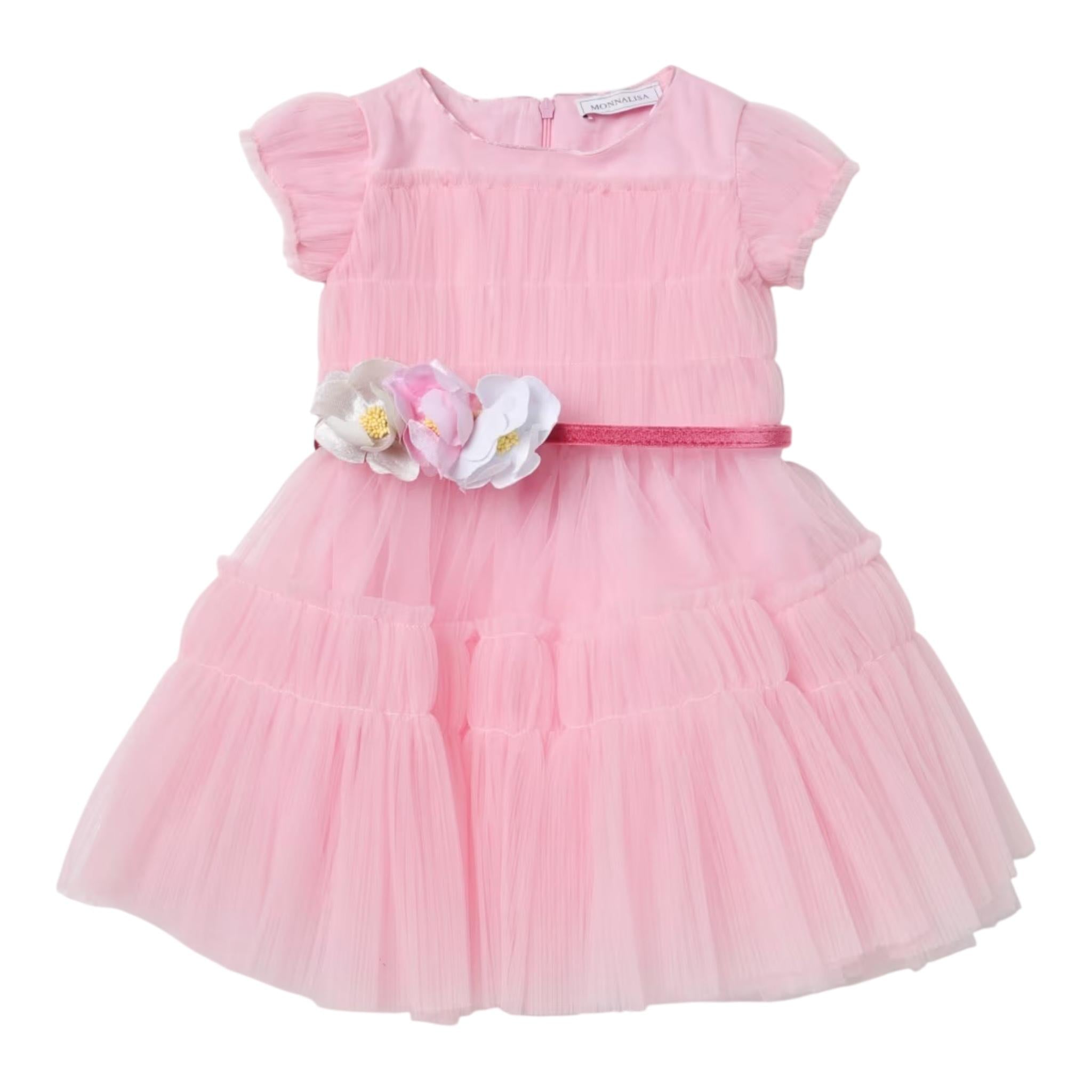 MONNALISA abito mezza manica tinta unita in tulle con cinturino Rosa per Bambina 19B900 ROSA MONNALISA