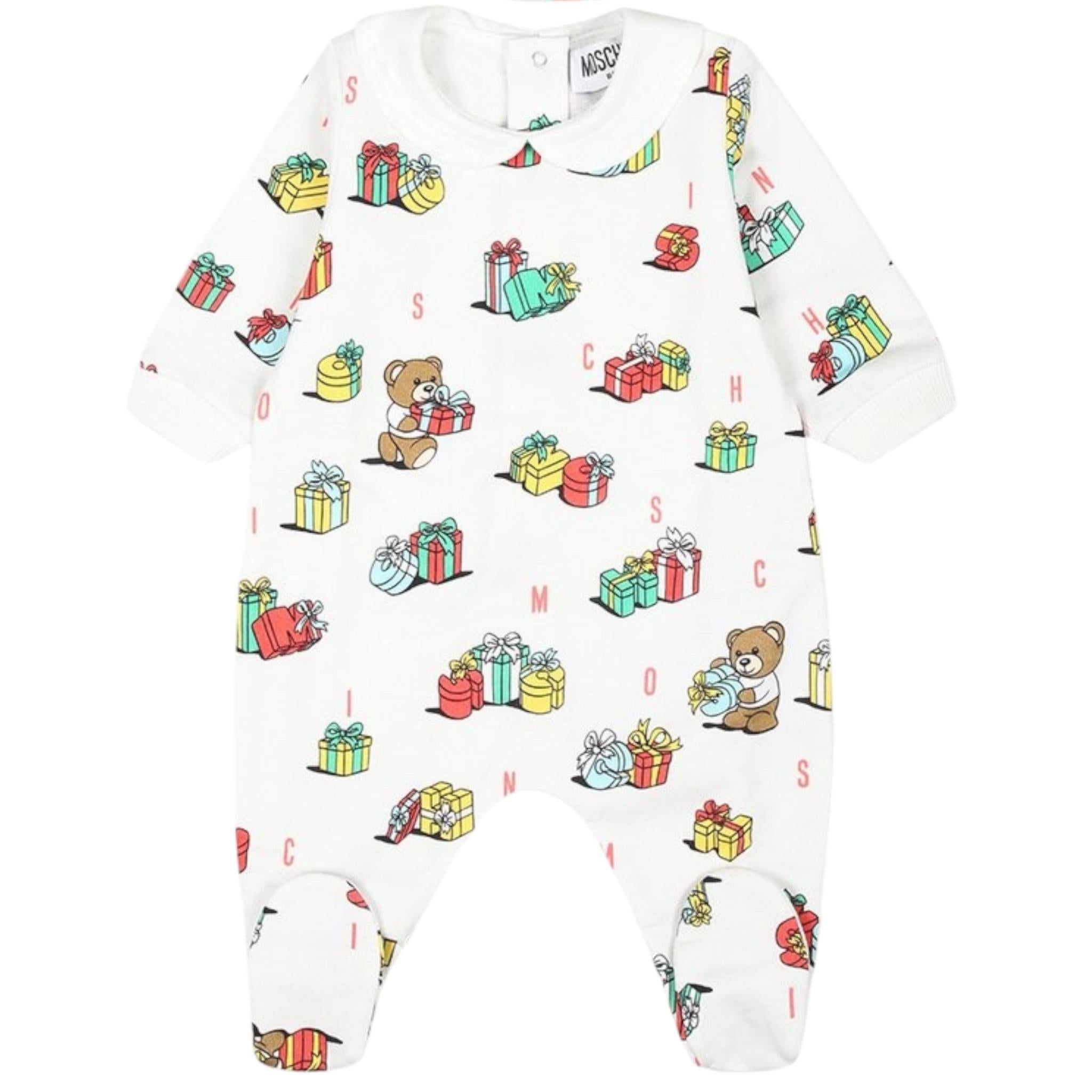 MOSCHINO tutina manica lunga tinta unita con stampa in contrasto Bianco per Neonato MUT043 BIANCO MOSCHINO