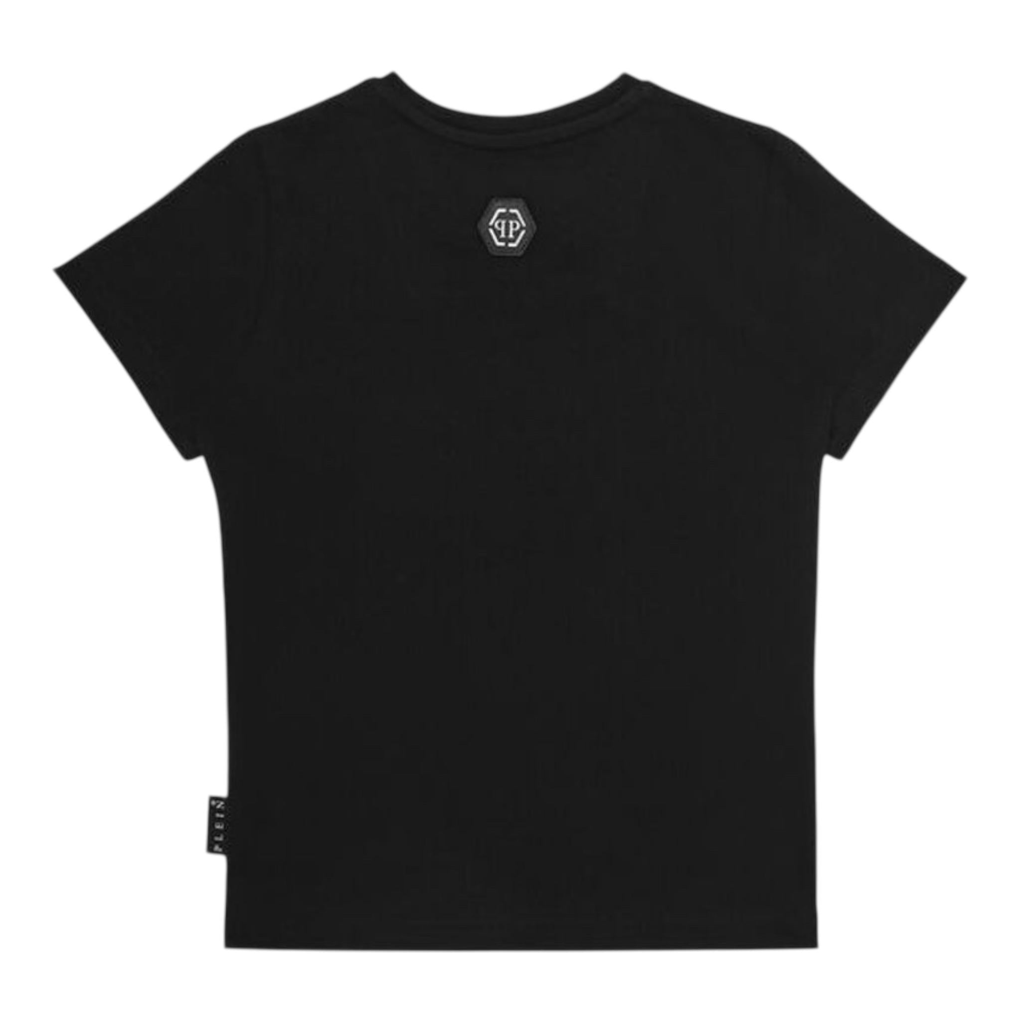 PHILIPPE PLEIN t-shirt girocollo tinta unita con stampa logo Nero per Bambino BTK1259 NERO PHILIPPE PLEIN