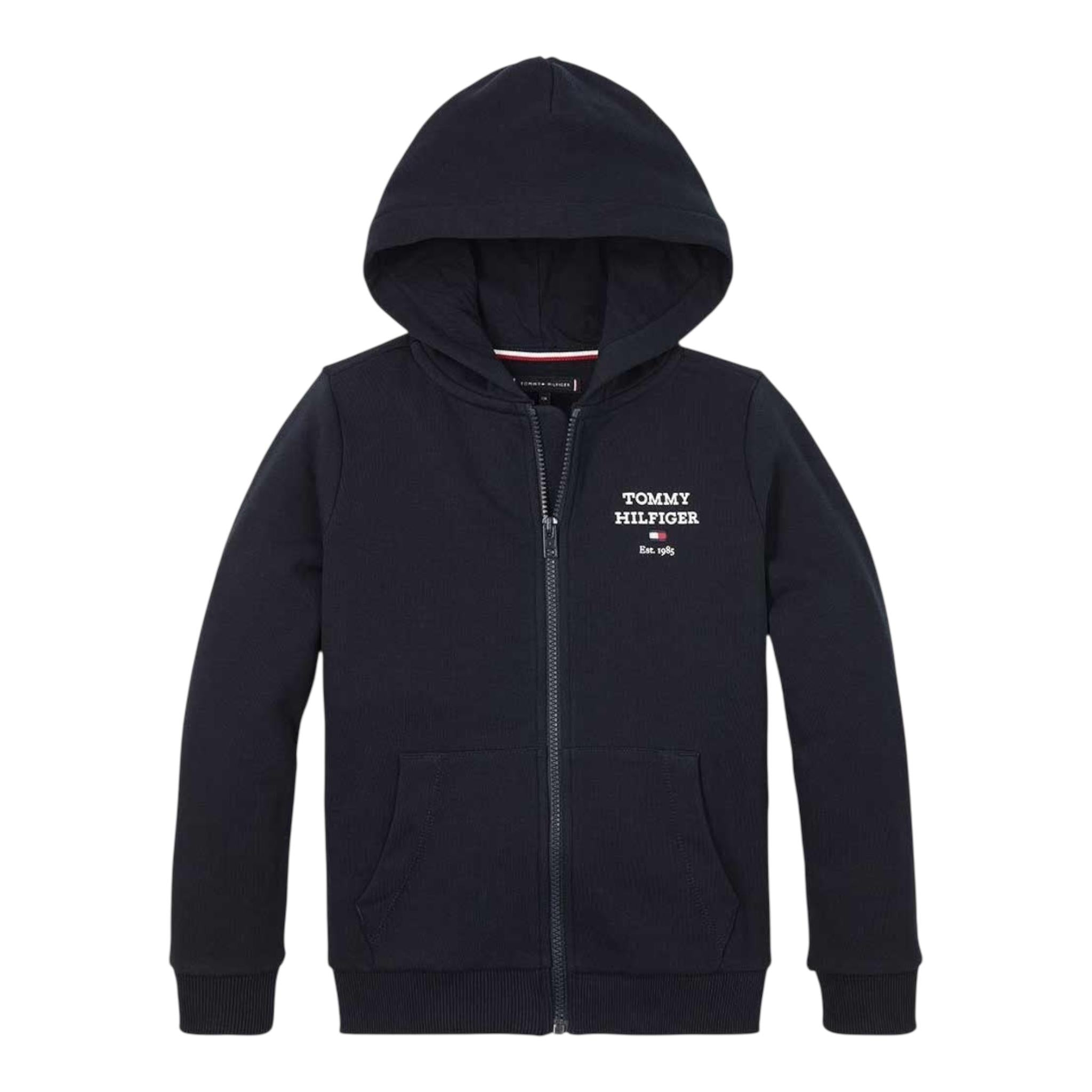 TOMMY HILFIGER felpa con zip e cappuccio tinta unita con logo Blu per Bambino KB0KB08710 BLU TOMMY HILFIGER