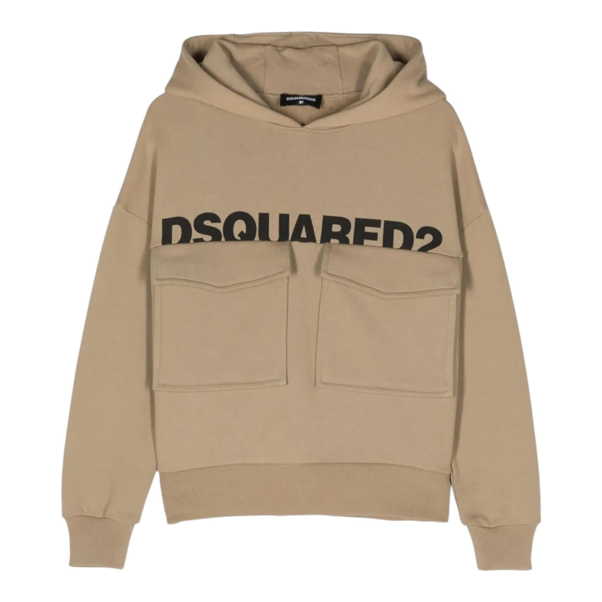 DSQUARED2 felpa chiusa con cappuccio tinta unita con stampa e tasche Beige per Bambino DQ1944 BEIGE DSQUARED2