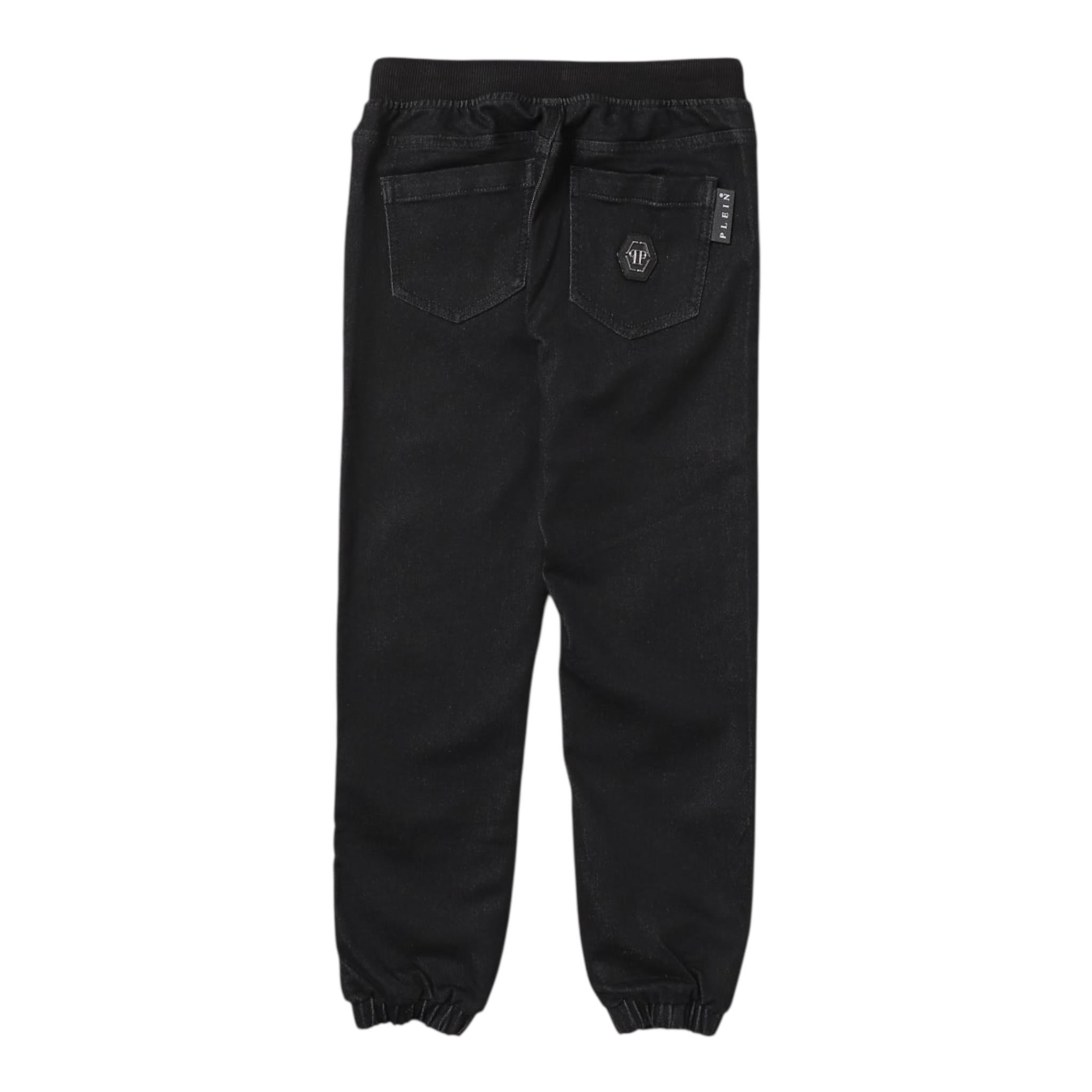 PHILIPPE PLEIN jeans tinta unita con elastico in vita e logo Nero per Bambino 2MP00S NERO PHILIPPE PLEIN
