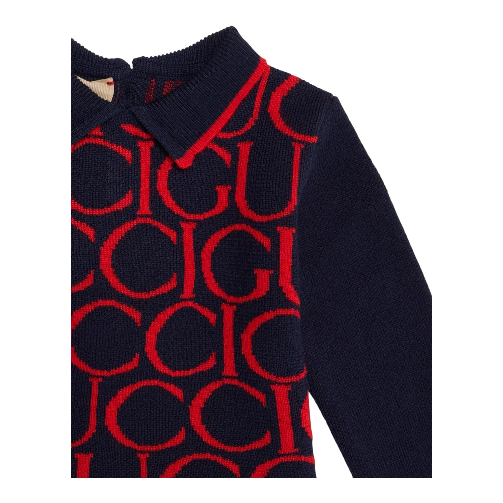 GUCCI abito manica lunga in maglia tinta unita con loghi Blu per Neonata 788080 BLU GUCCI