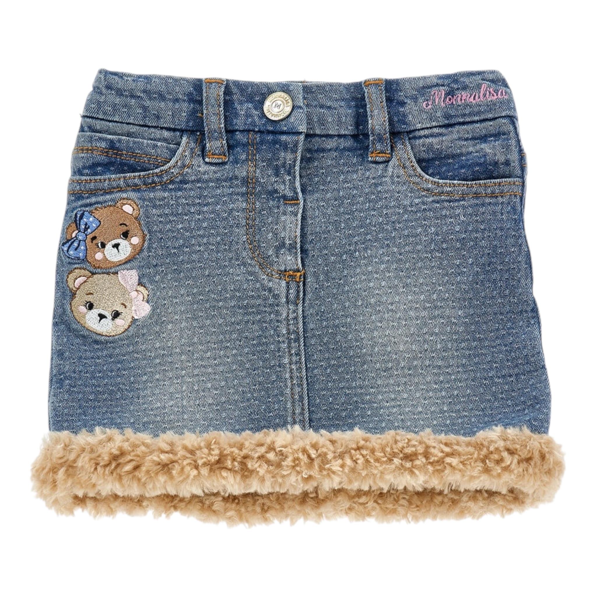 MONNALISA gonna in denim tinta unita con profili pelliccia Azzurro per Neonata 39D701N AZZURRO MONNALISA
