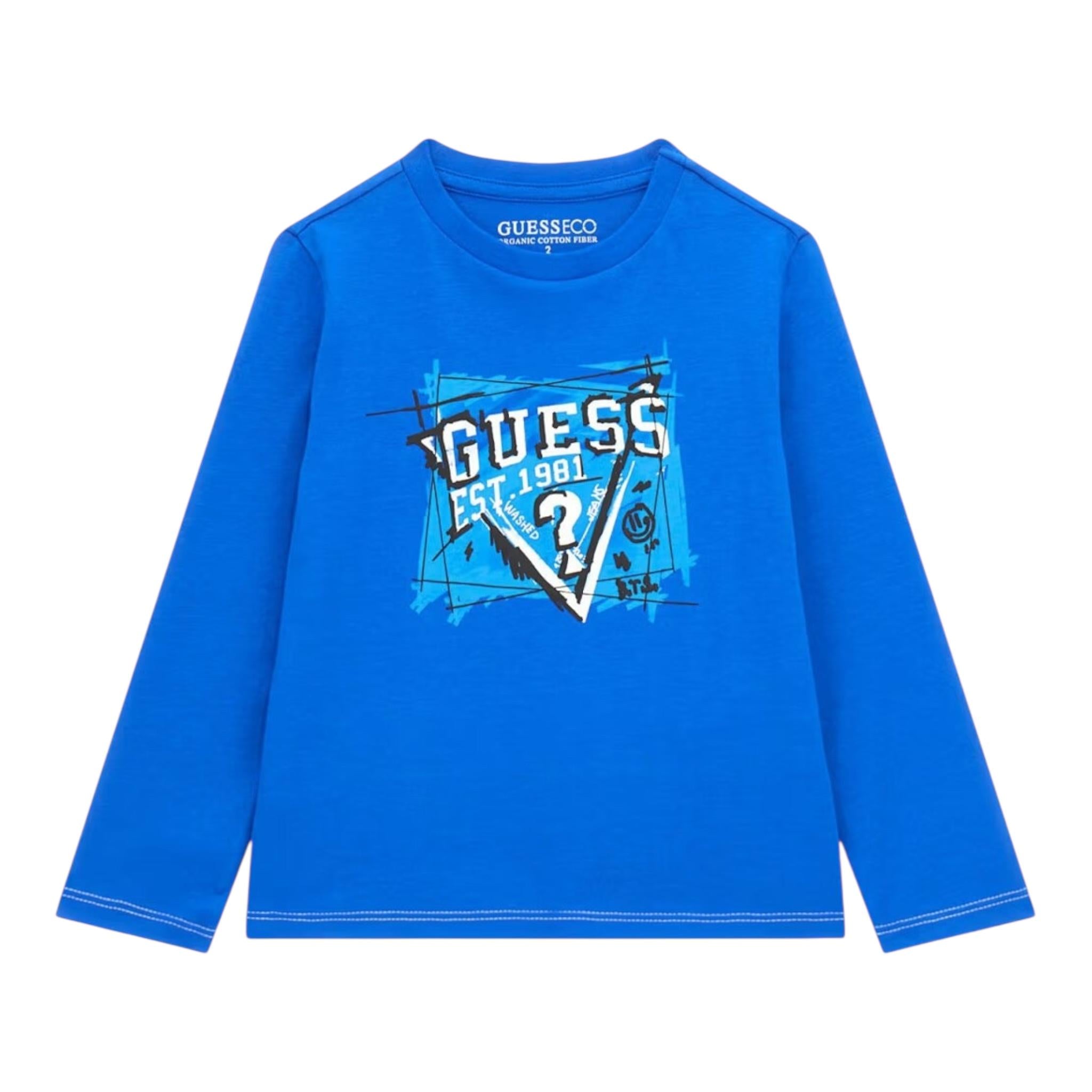 GUESS shirt girocollo tinta unita con stampa Cobalto per Bambino N4YI01K8HM4XXJ COBALTO GUESS