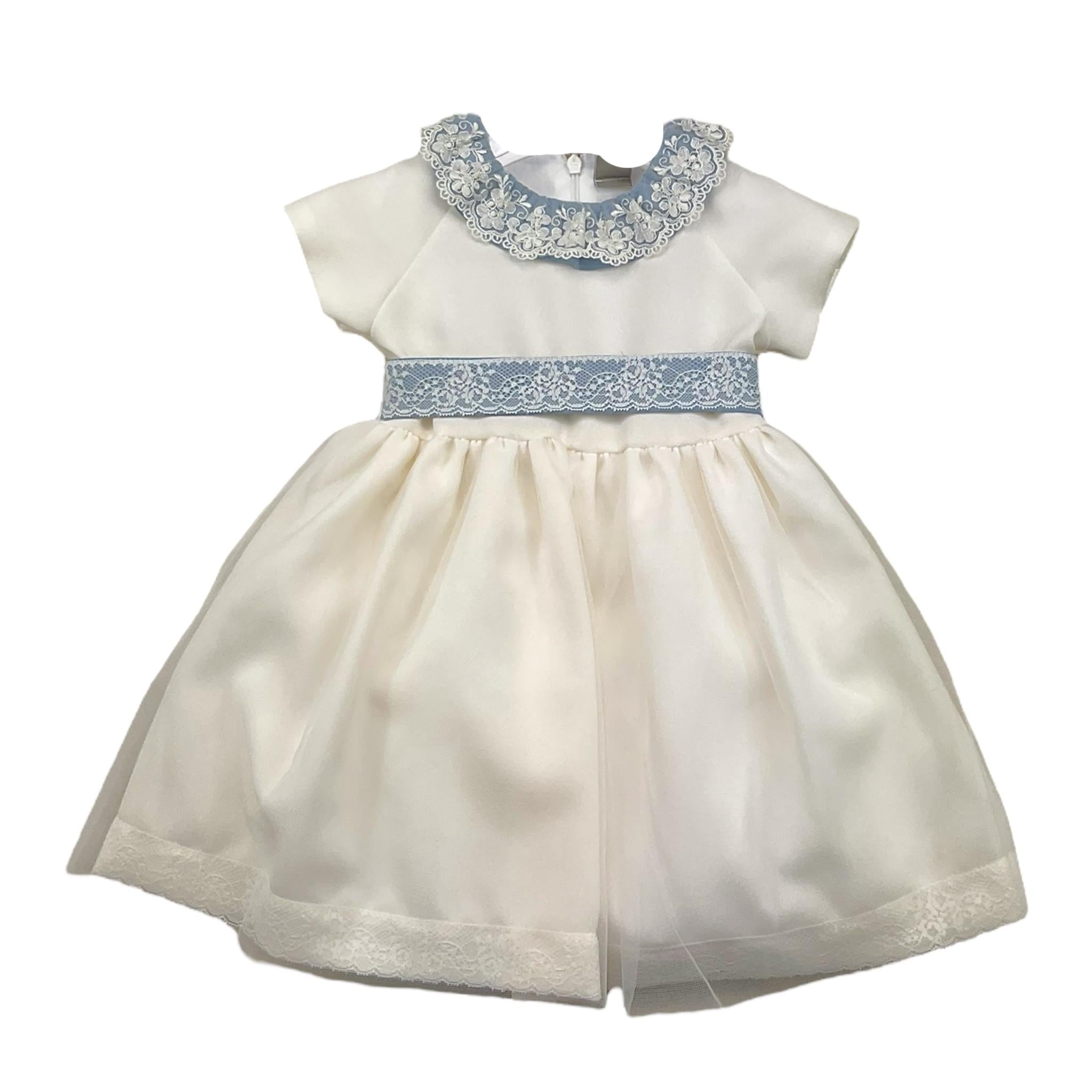 MARLU' abito cerimonia tinta unita con ricami Bianco/azzurro per Neonata IH801MC BIANCO/AZZURRO MARLU'