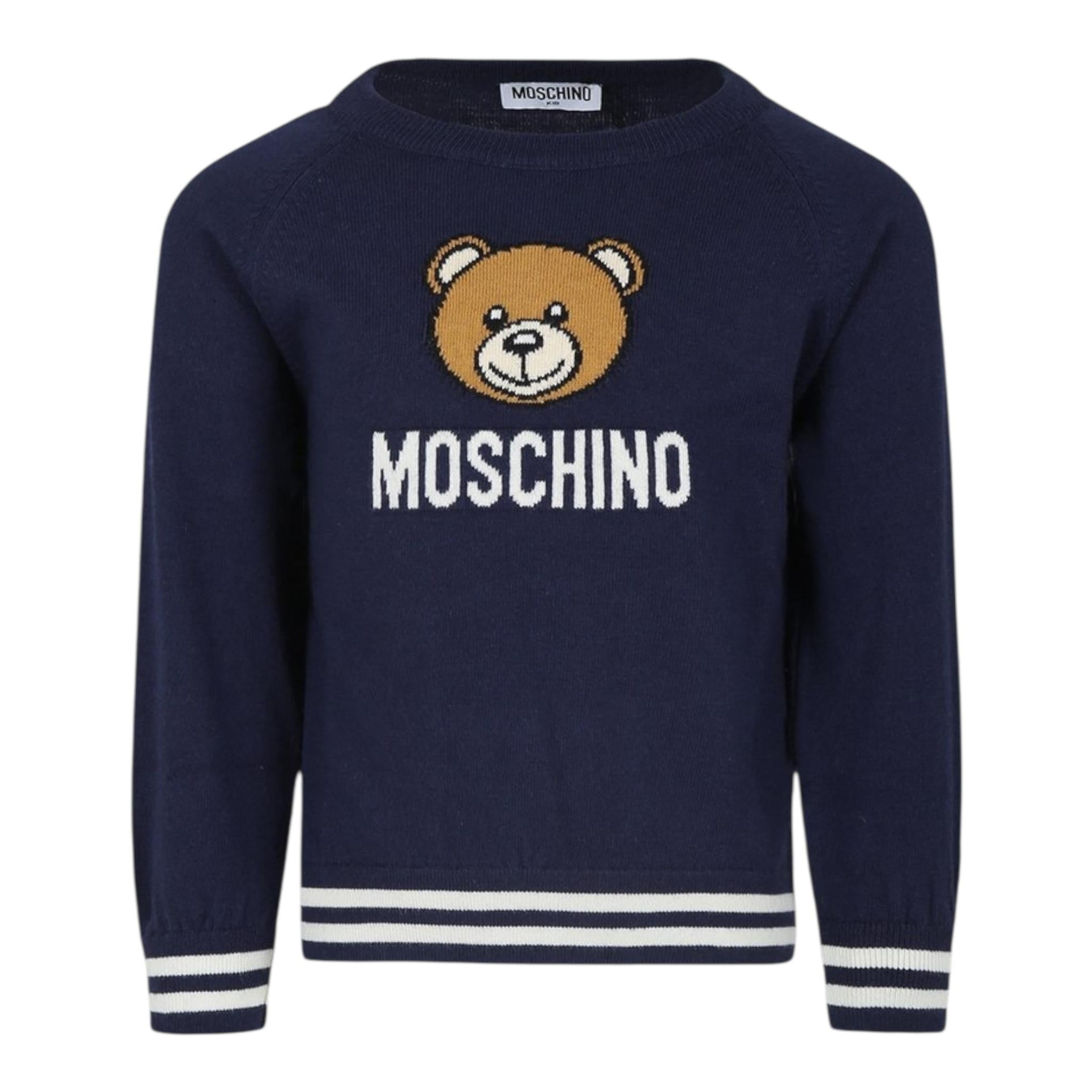 MOSCHINO maglia girocollo tinta unita con stampa orso Blu per Neonato MYW00JXX BLU MOSCHINO