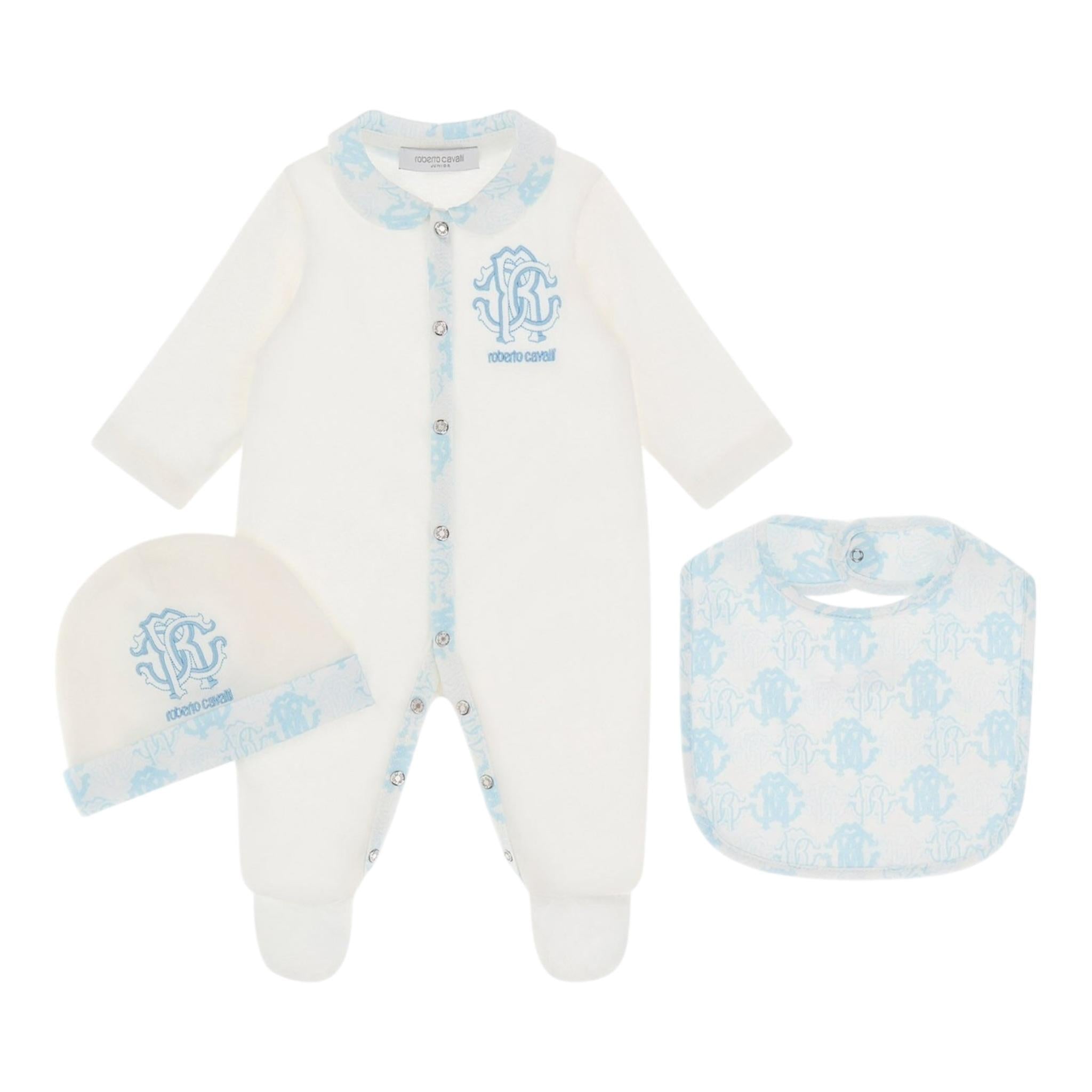 ROBERTO CAVALLI set 3 pezzi tutina-cappello-bavetta tinta unita Bianco per Neonato TJT809 BIANCO ROBERTO CAVALLI