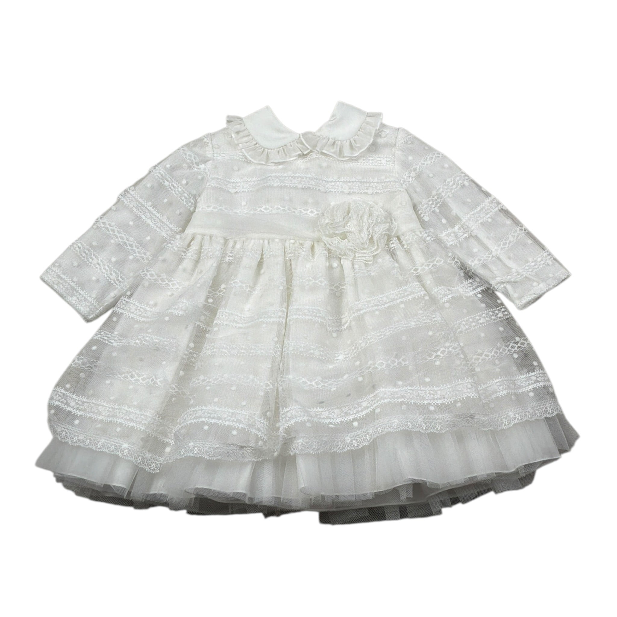 Aletta Abito Manica Lunga tinta unita con Tule Bianco per Neonata HP220335L BIANCO ALETTA 