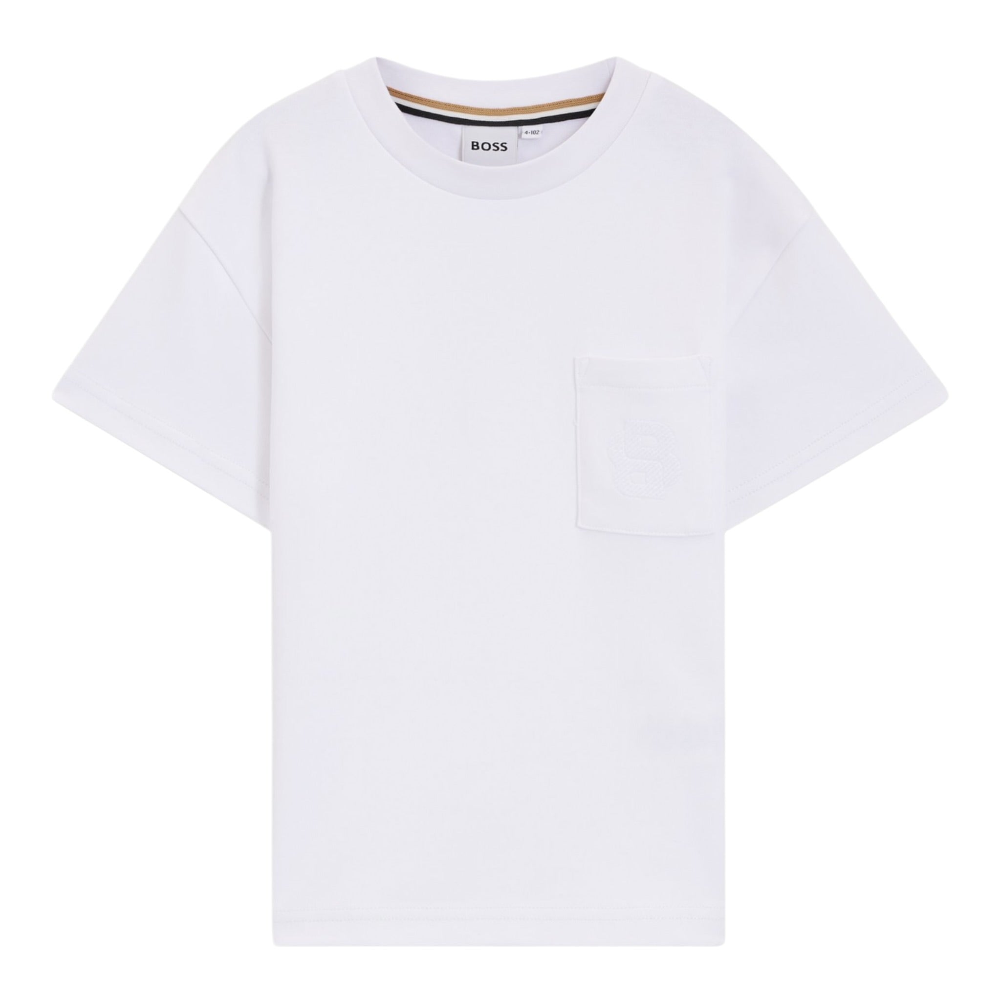 Boss T-Shirt Girocollo tinta unita con Taschino Bianco per Bambino J52377 BIANCO BOSS 