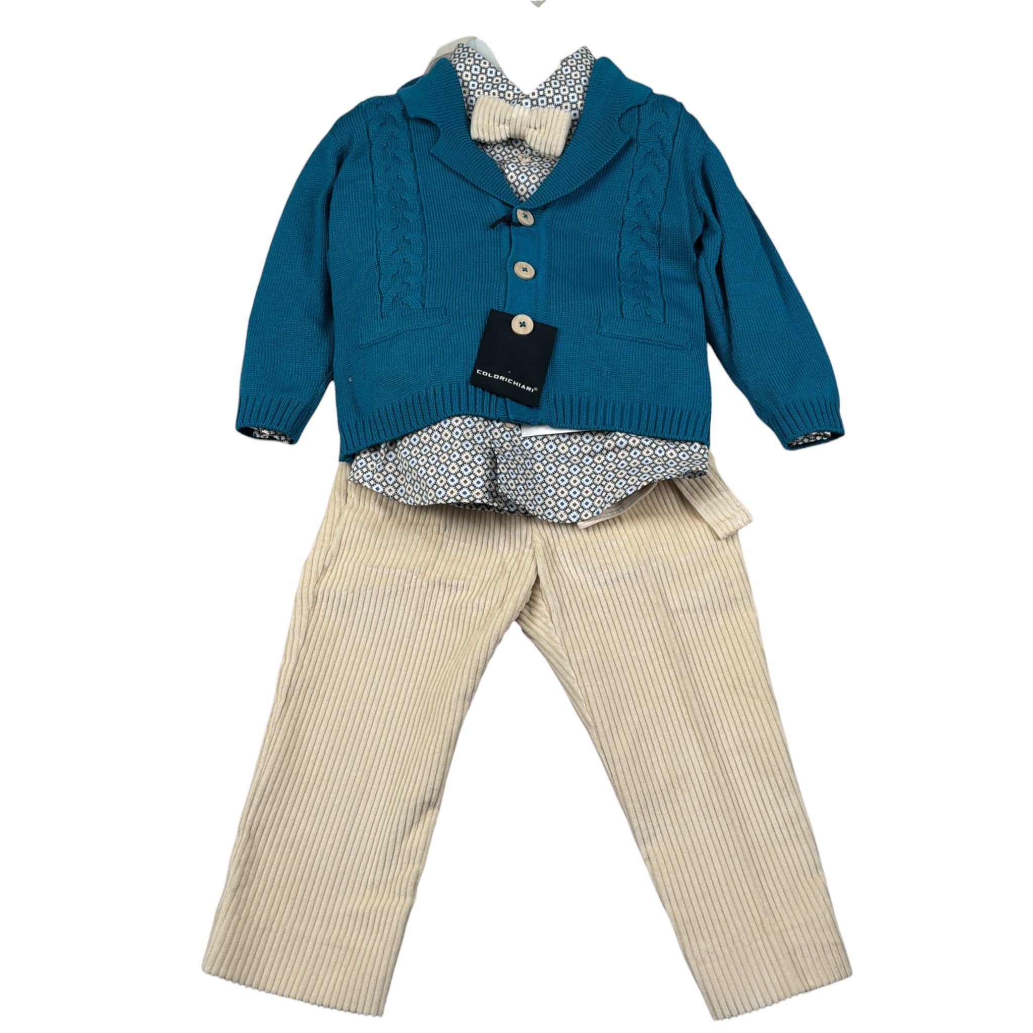 Colori Chiari Completo 4 Pezzi Cardigan-Camicia-Papillon-Pantalone Petrolio per Neonato MN407797 PETROLIO COLORI CHIARI 