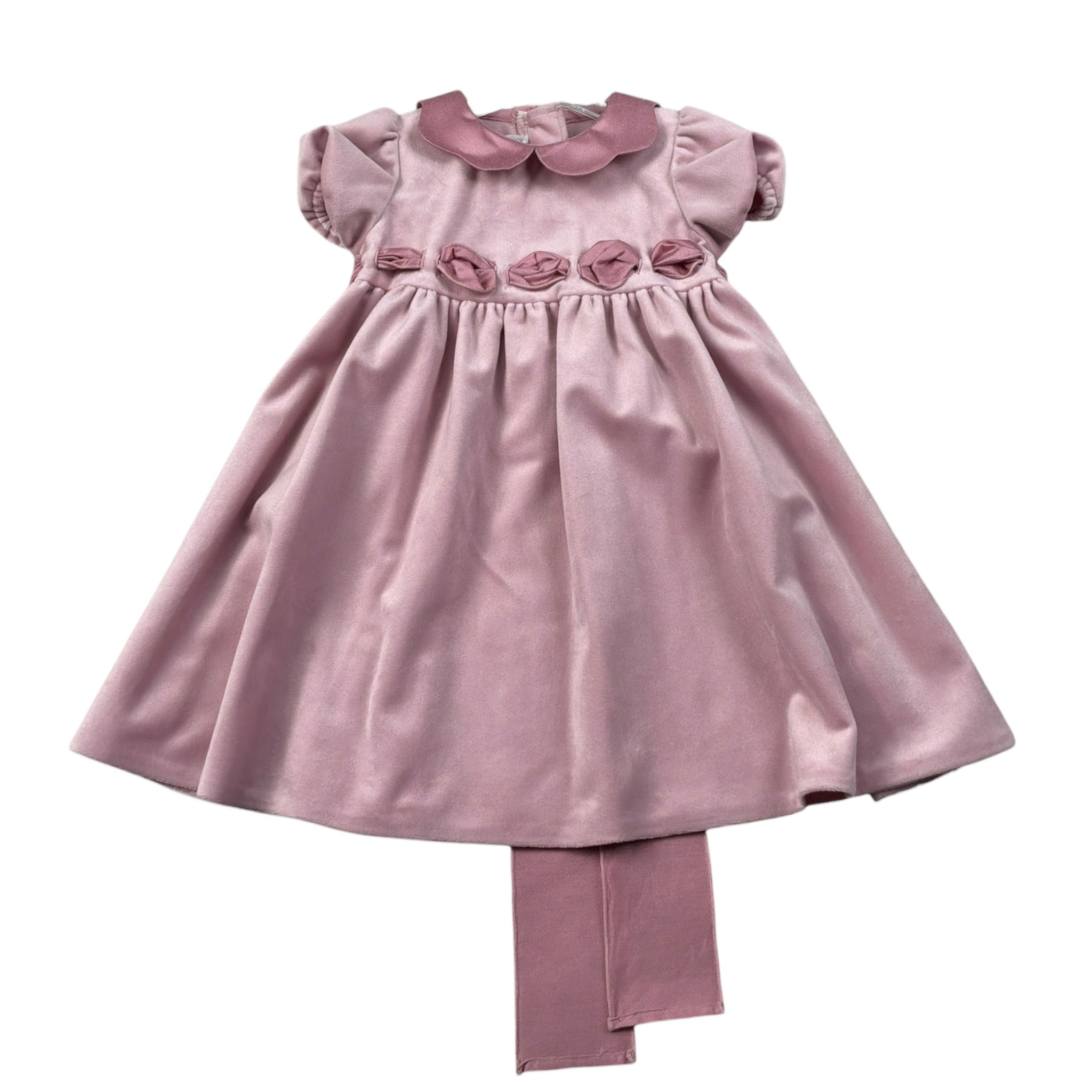 Crochette Abito Mezza Manica tinta unita In Velluto Rosa per Neonata 6015 ROSA  