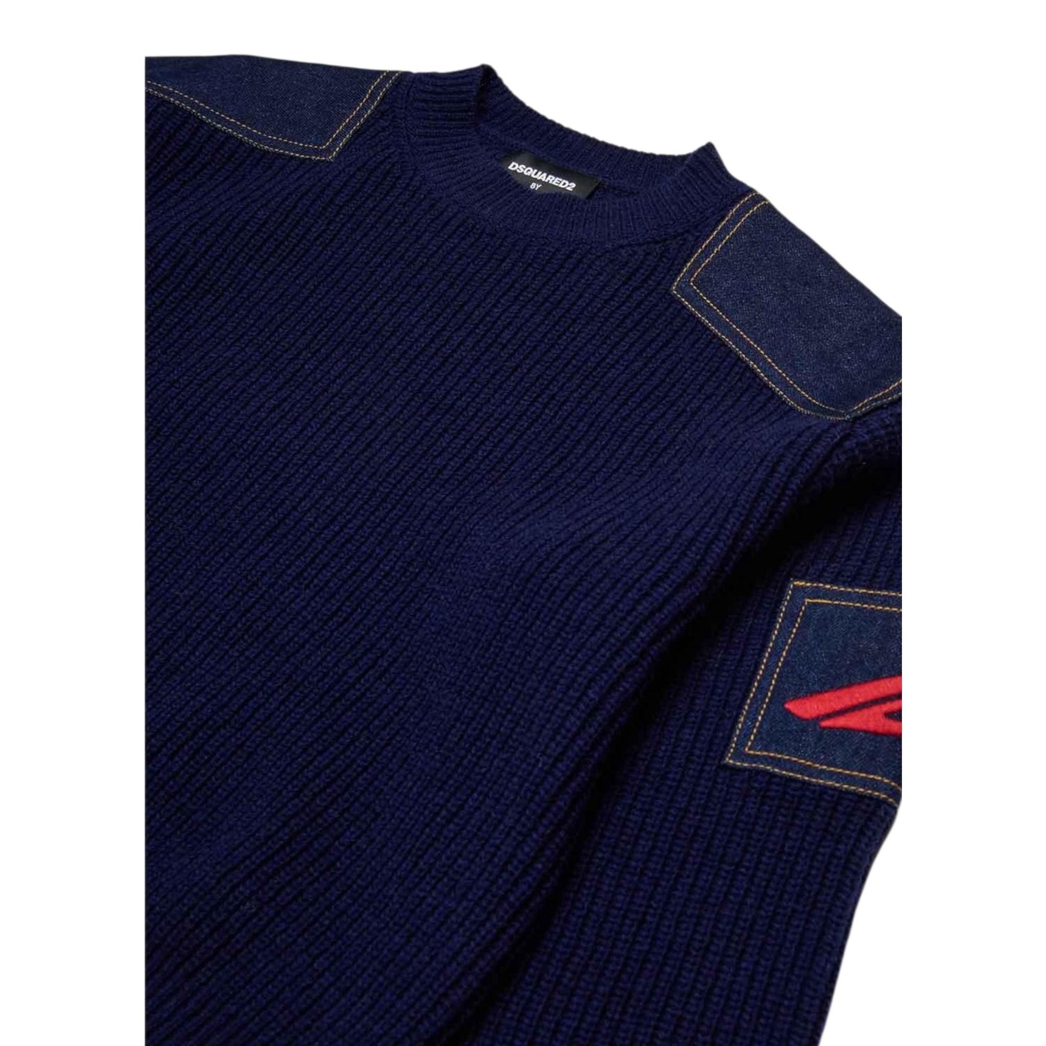 Dsquared2 Maglia tinta unita con Toppe In Denim Blu per Bambino DQ3132 BLU DSQUARED2 