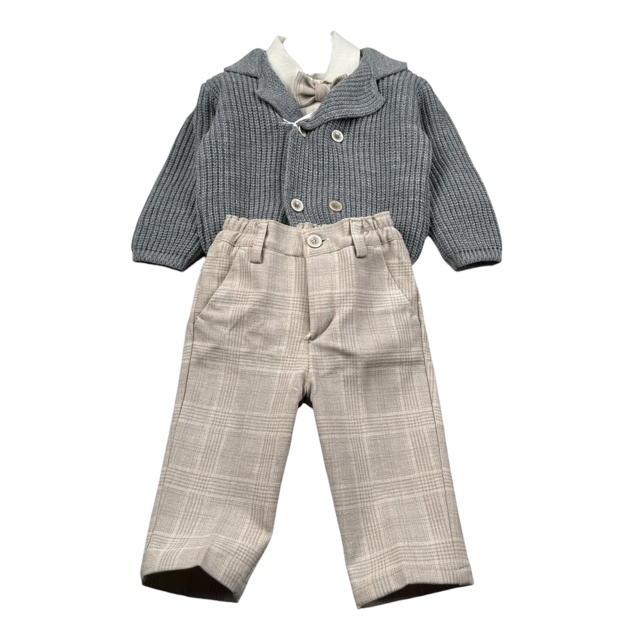 Emanuel Pris Completo 4 Pezzi Camicia Body-Cardigan-Pantalone-Papillon Grigio per Neonato IVORI GRIGIO EMANUEL PRIS 