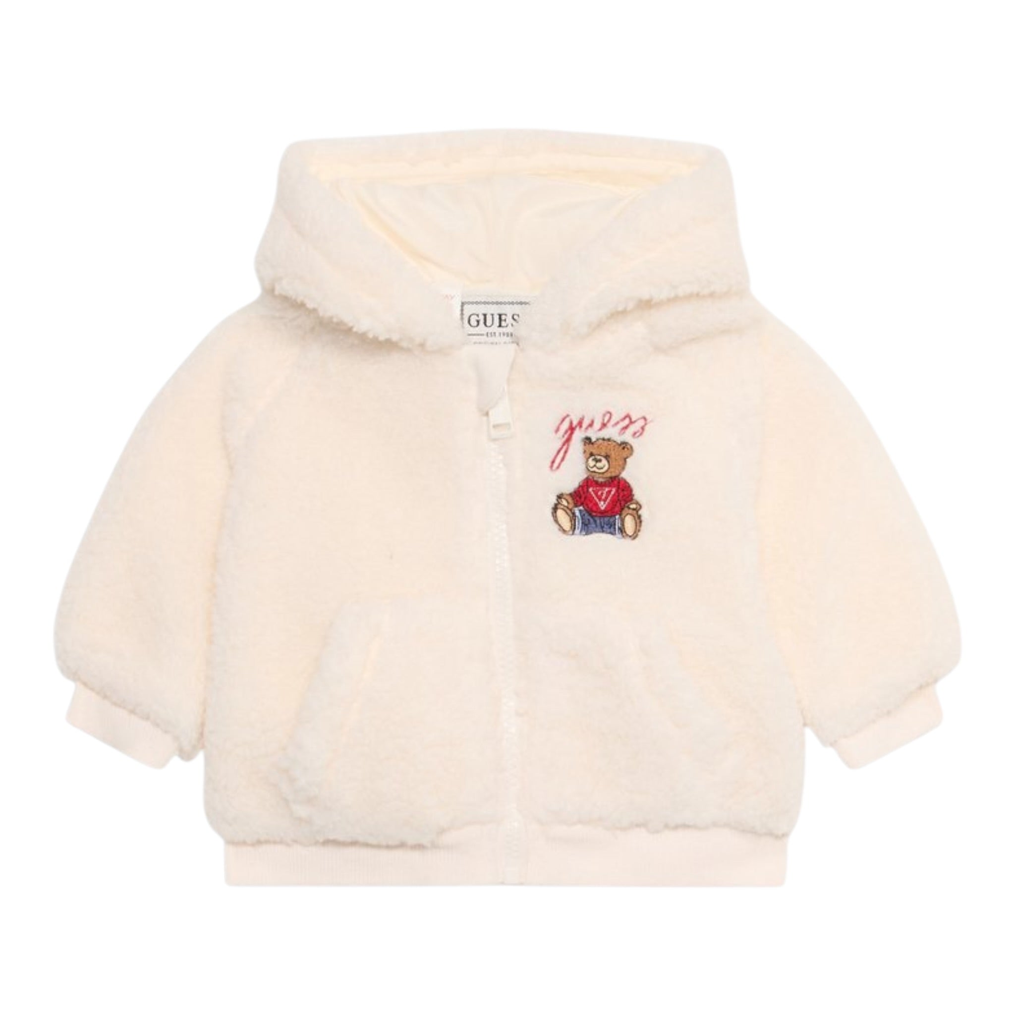 Guess Giubbino In Teddy tinta unita con Cappuccio E Zip Panna per Neonato HSBT01WGSO0 PANNA GUESS 