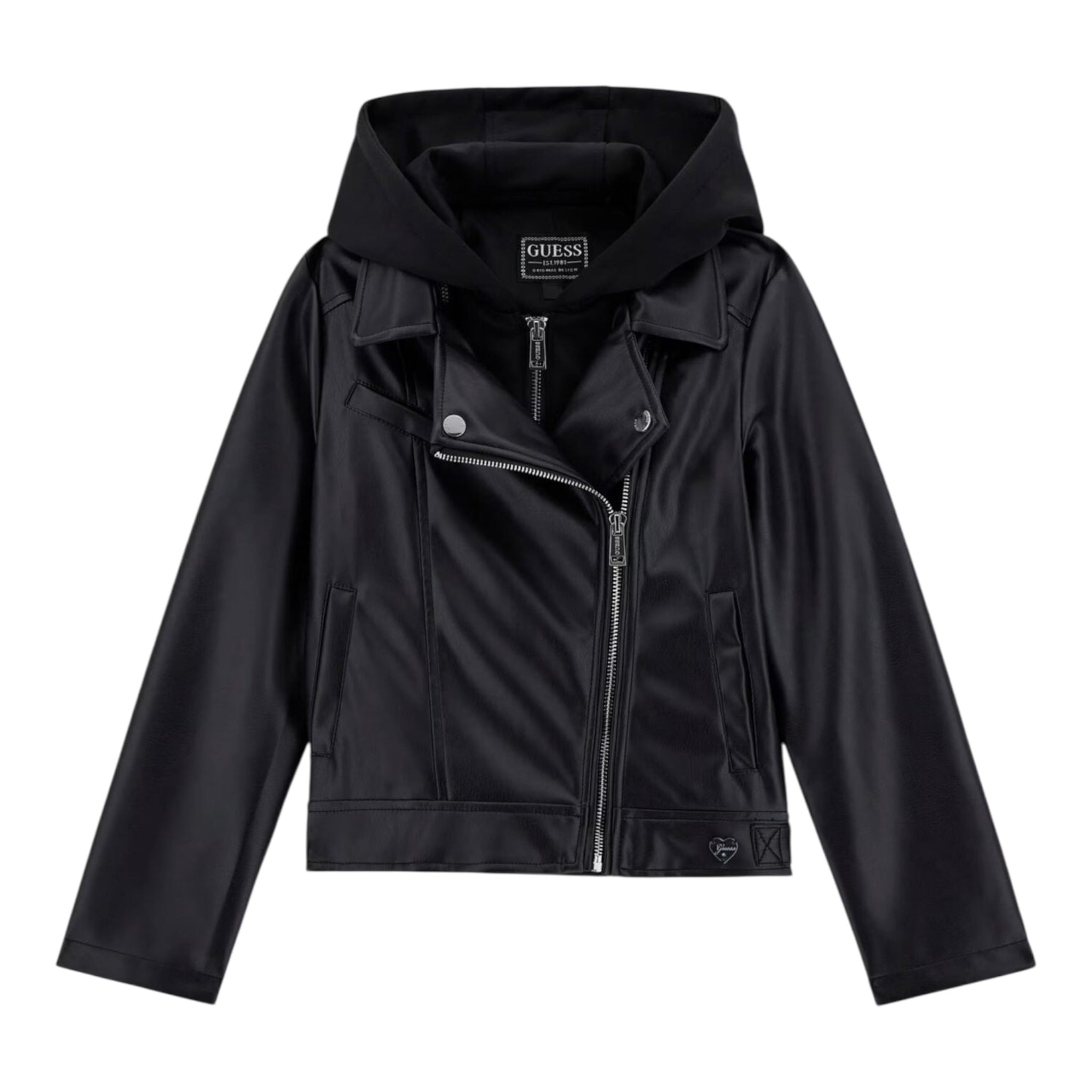 Guess Chiodo In Ecopelle tinta unita con Cappuccio Nero per Bambino J5YL01WAEI0 NERO GUESS 