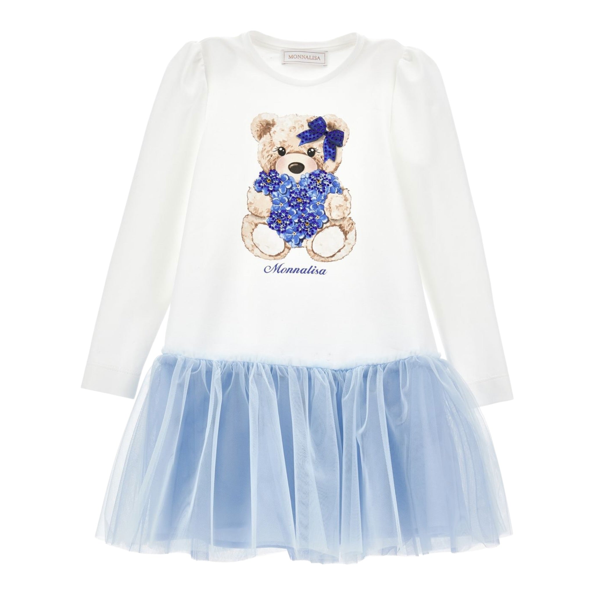Monnalisa Abito Manica Lunga tinta unita con Gonna Tulle Bianco per Bambina 11B917 BIANCO MONNALISA 