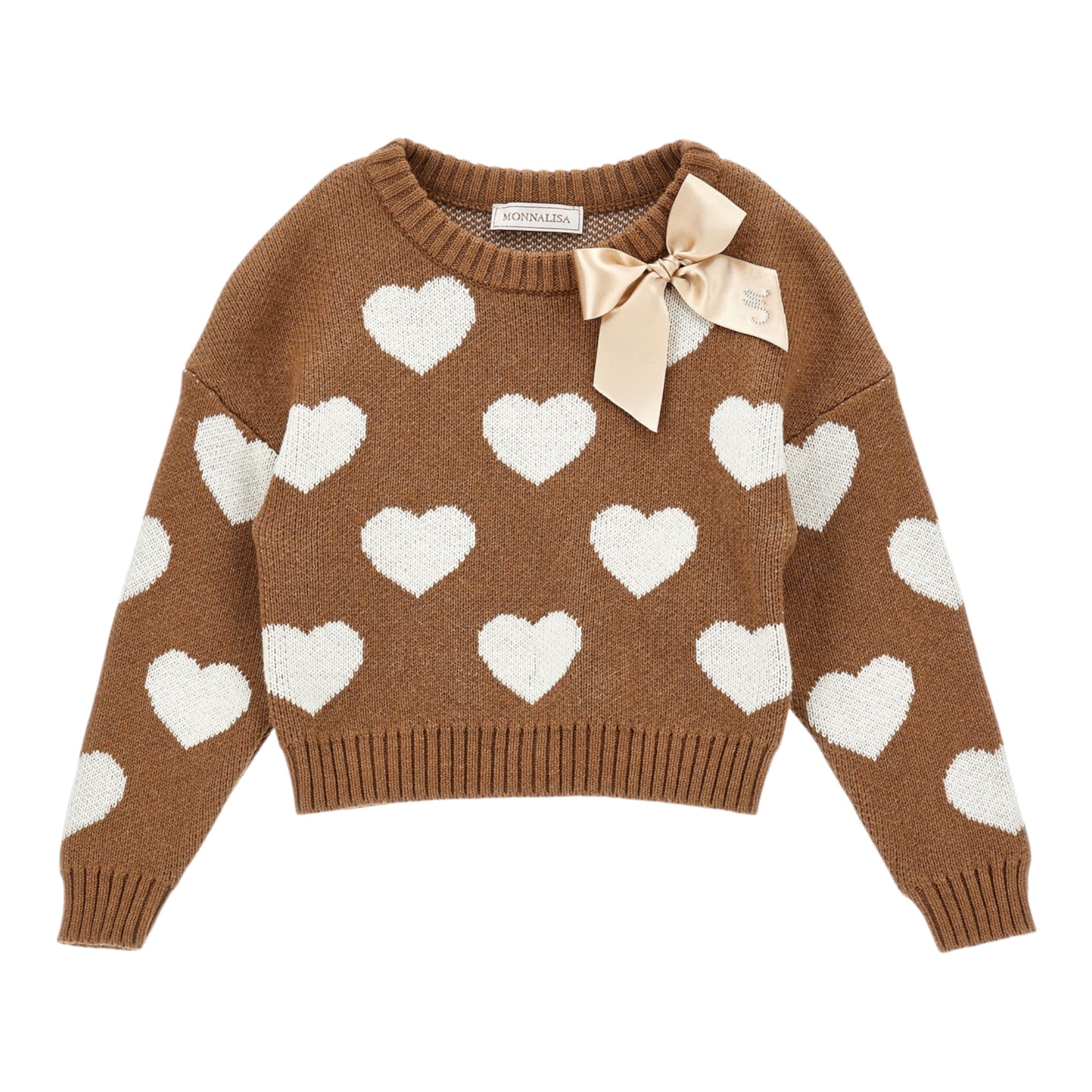 Monnalisa Maglia Girocollo tinta unita con Cuori Marrone per Bambina 17F603 MARRONE MONNALISA 