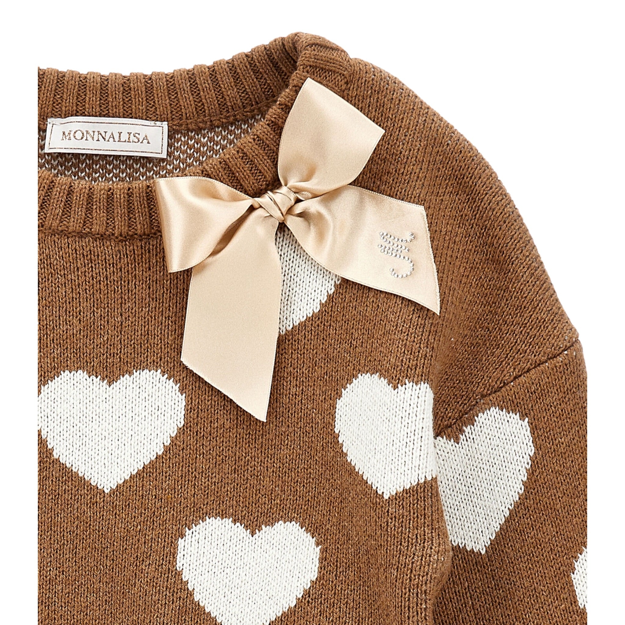 Monnalisa Maglia Girocollo tinta unita con Cuori Marrone per Bambina 17F603 MARRONE MONNALISA 