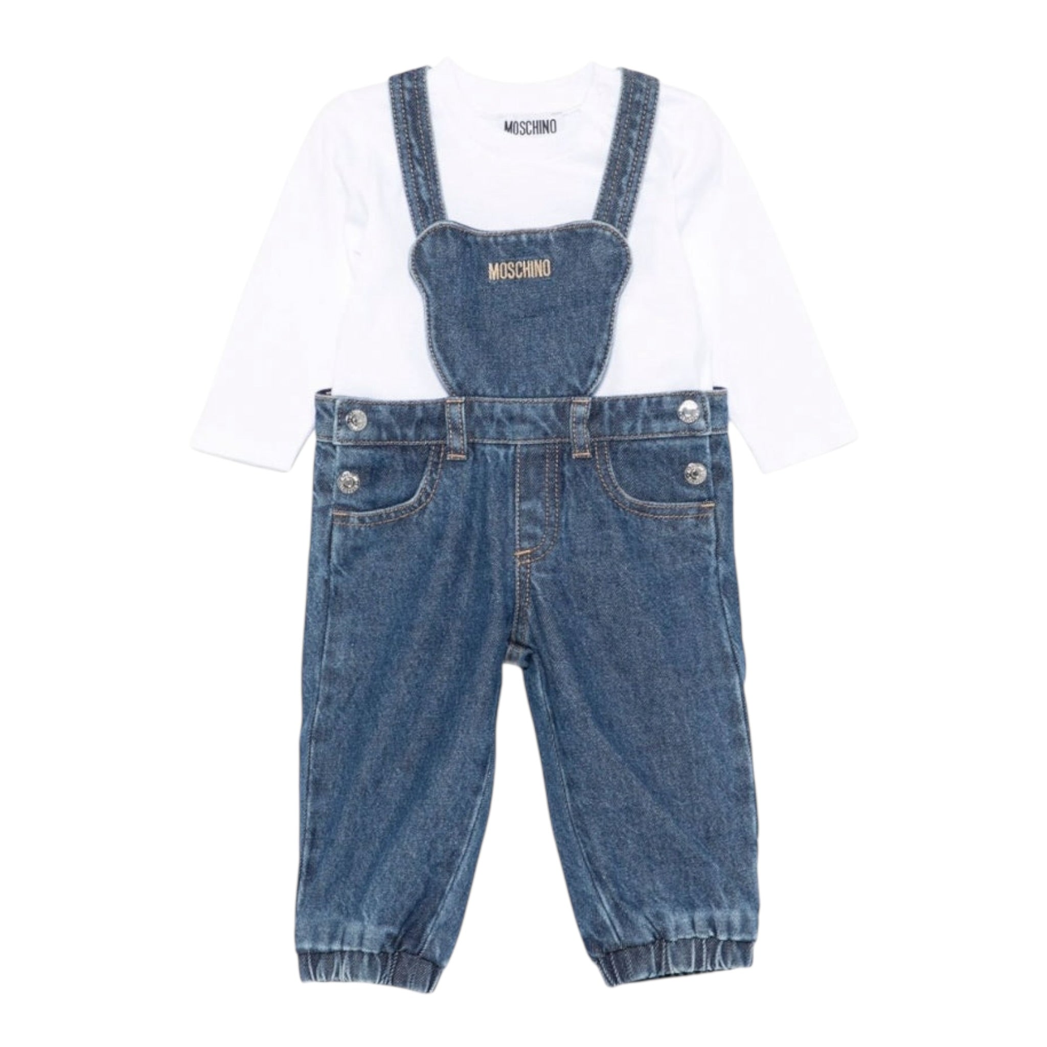 Moschino Completo 2Pz Salopette In Denim-Shirts Bianco per Bambino MUK059L0E29 BIANCO MOSCHINO 
