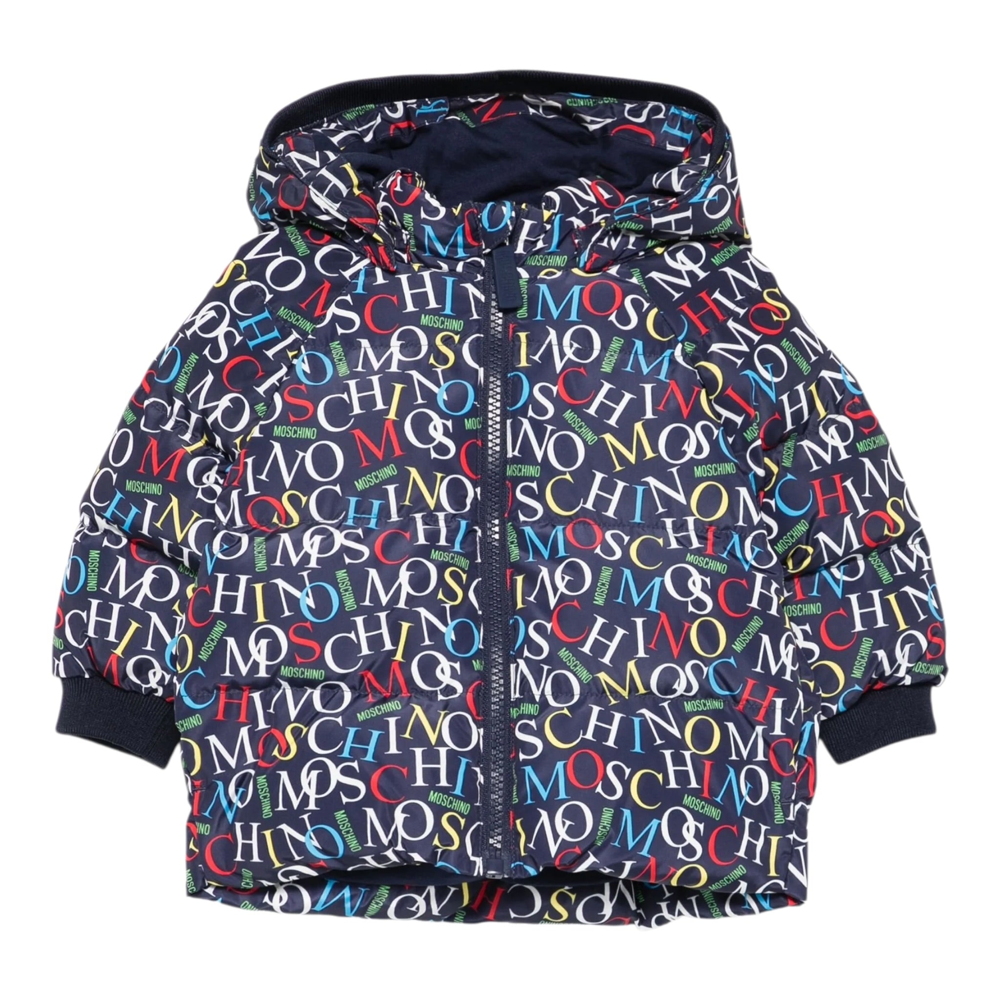 Moschino Giubbino tinta unita con Cappuccio Stampe Logo Blu per Neonato MUS031 BLU MOSCHINO 