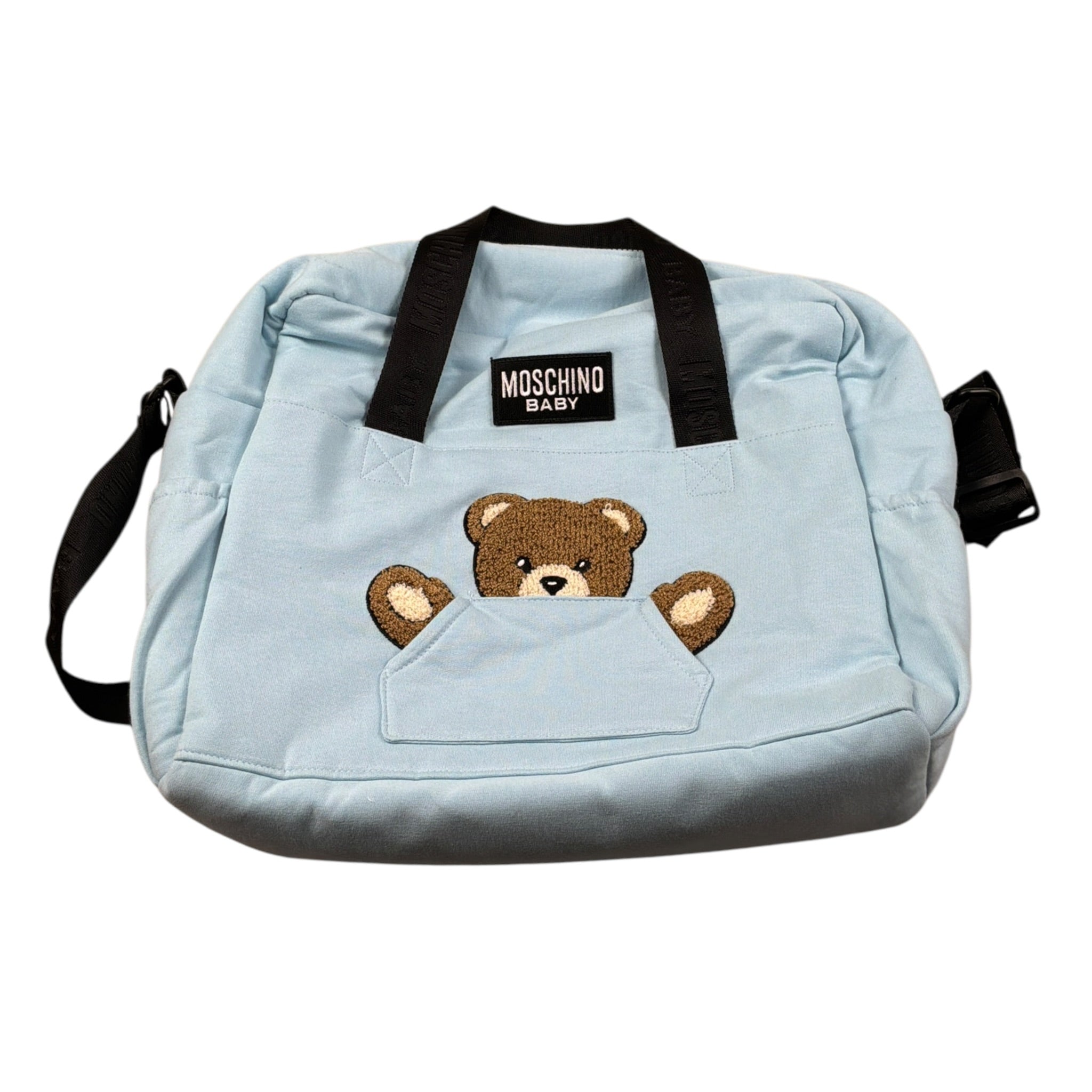 Moschino Borsone tinta unita con Orso con Coperta Azzurro per Neonato MUX062 AZZURRO MOSCHINO 