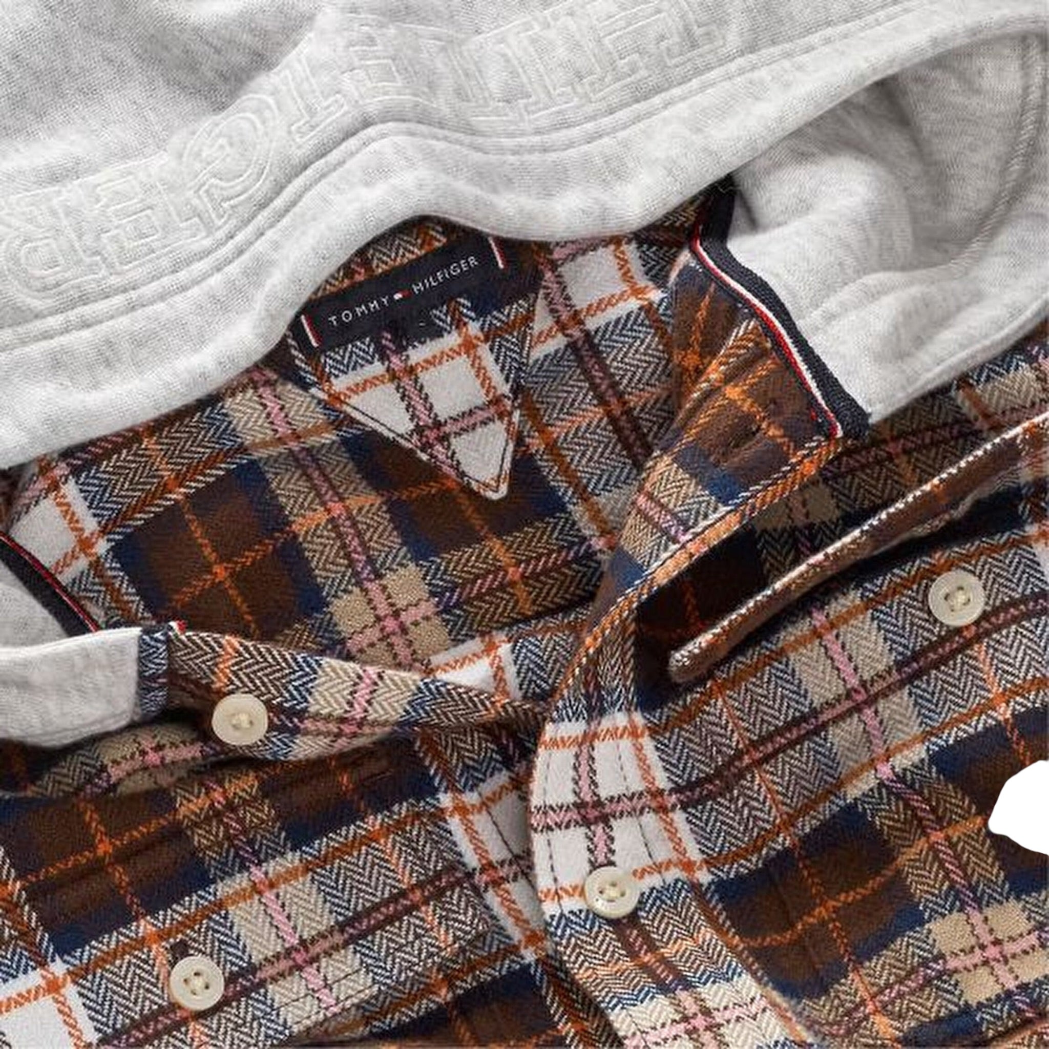 Tommy Hilfiger Camicia Bicolore con Fantasia A Quadri E Cappuccio Marrone per Bambino KB0KB10012 MARRONE TOMMY HILFIGER 
