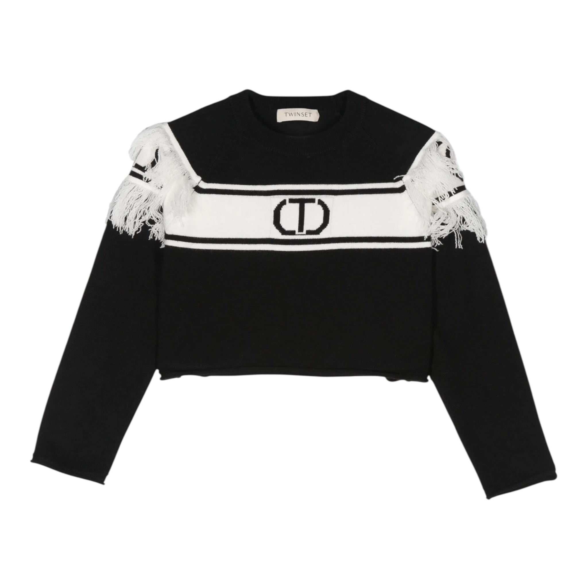 Twinset Maglia tinta unita con Logo E Frange Nero per Bambina 242GJ3163X NERO TWINSET 