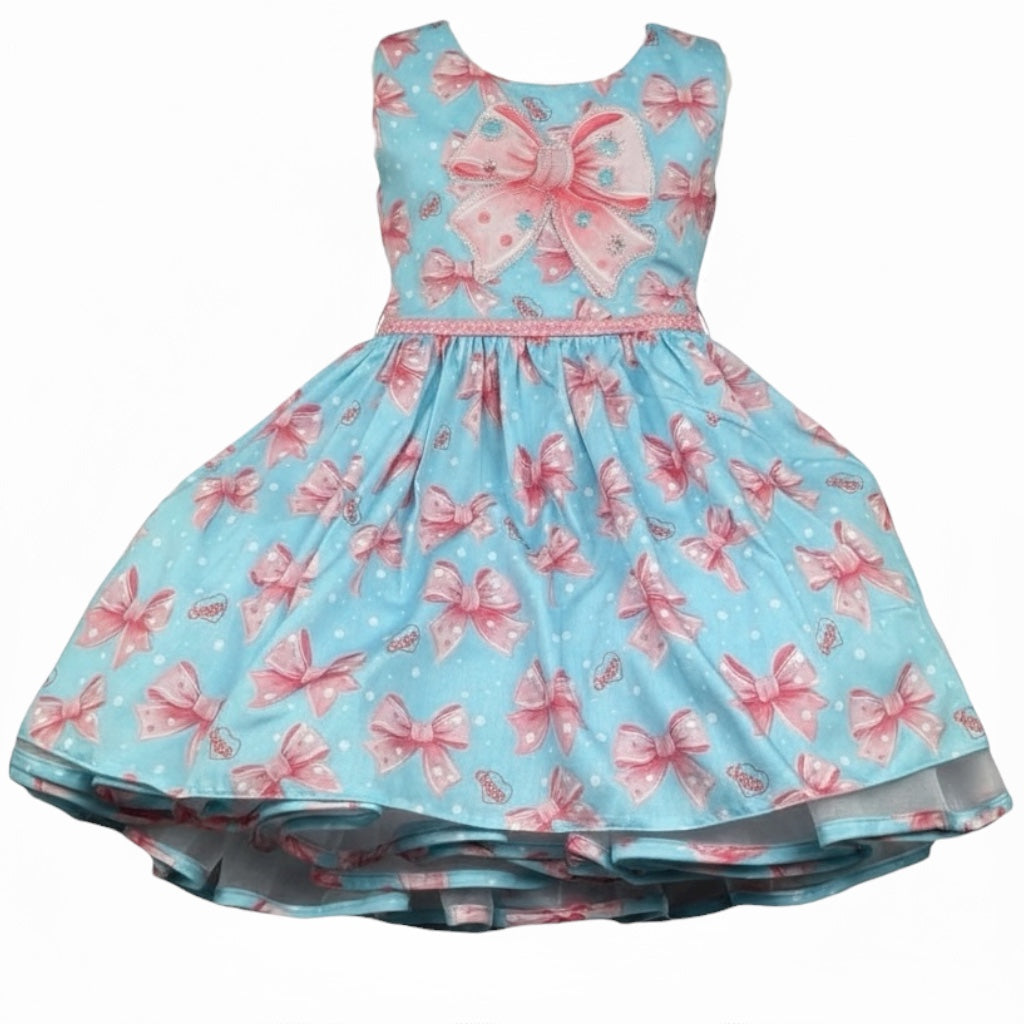 Daga Collection Abito Giromanica Tinta Unita con Stampa Fiocchi per Bambina M10061J AZZURRO DAGA COLLECTION 