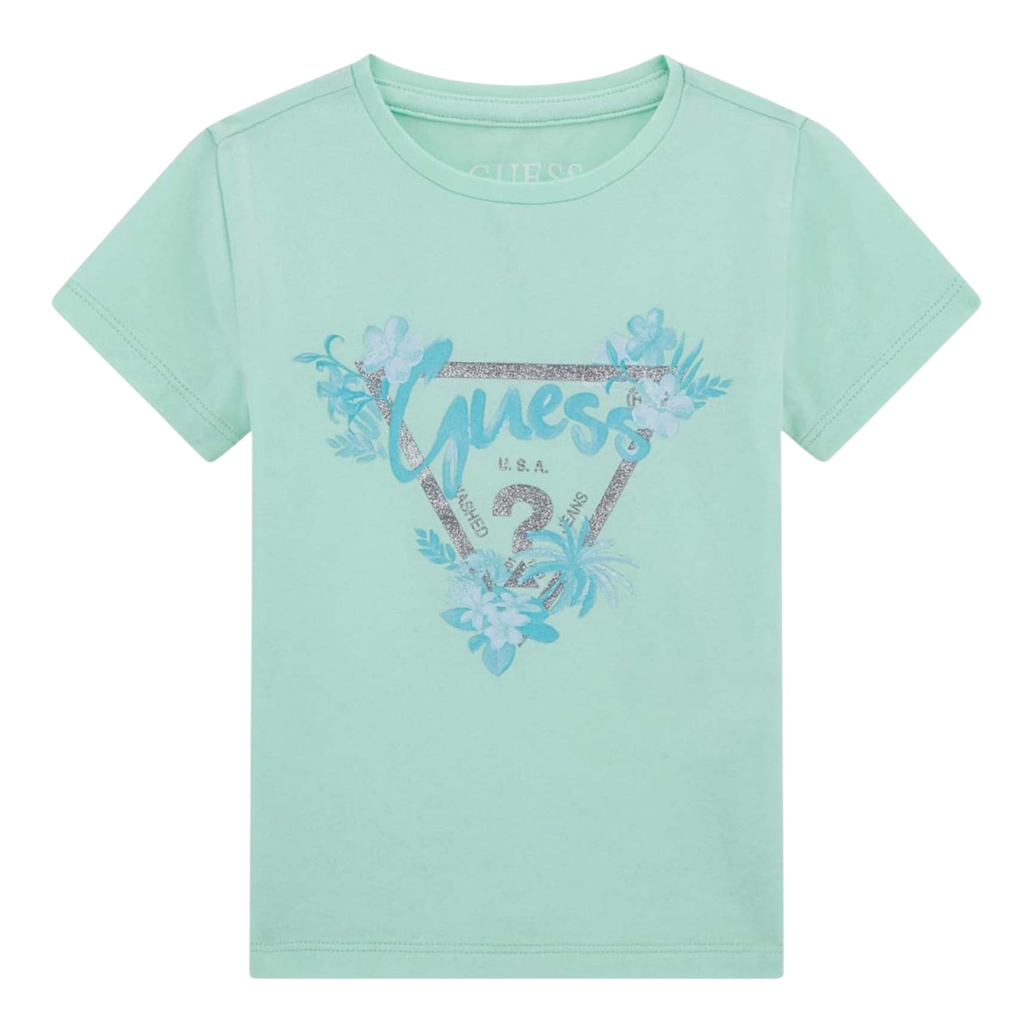 Guess T-Shirt Girocollo Tinta Unita con Stampa per Bambina K5GI14K6YW4 VERDE ACQUA GUESS 