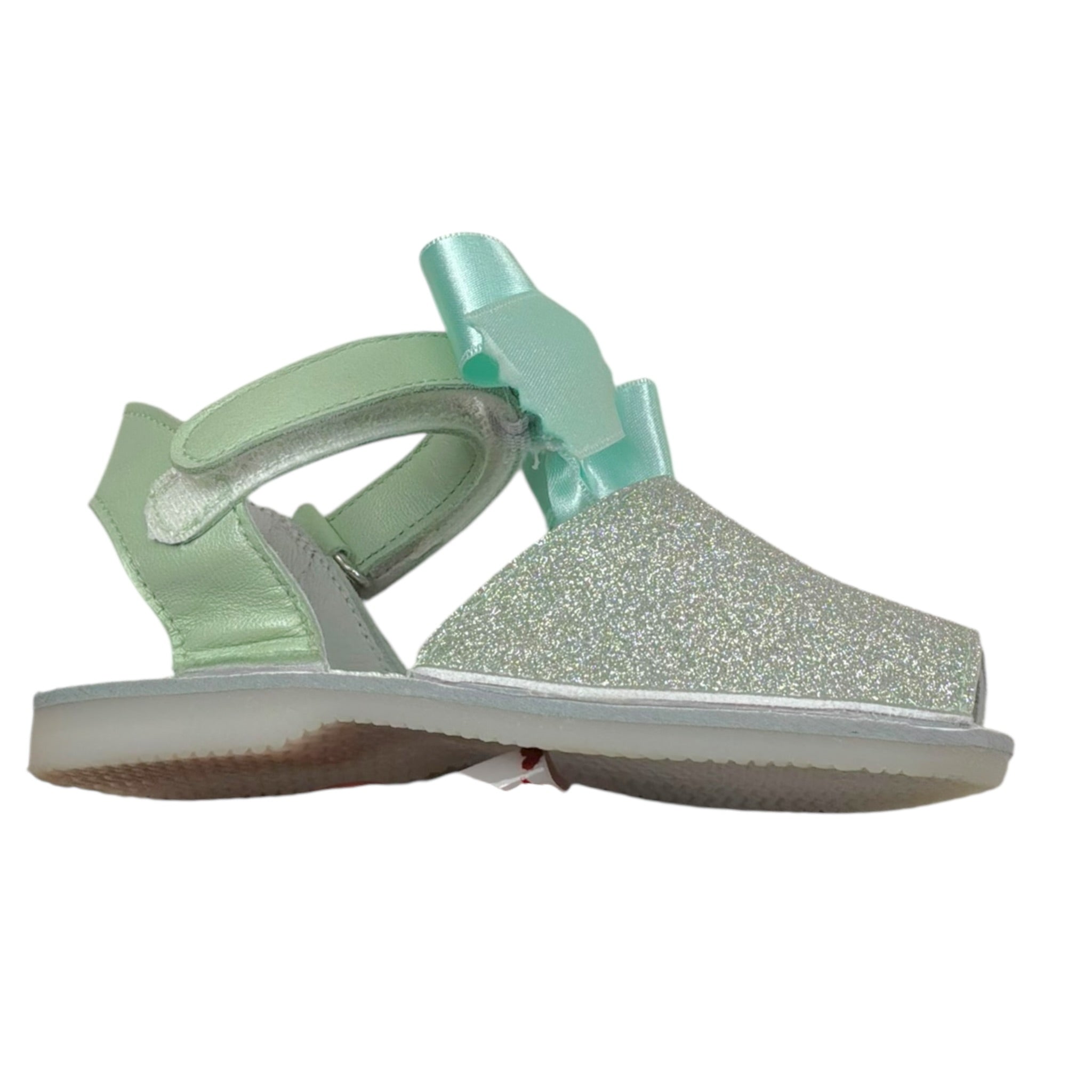 Indice Sandalo tinta unita con Brillantini E Fiocco Argento/Verde per Neonata 318 ARGENTO/VERDE INDICE 