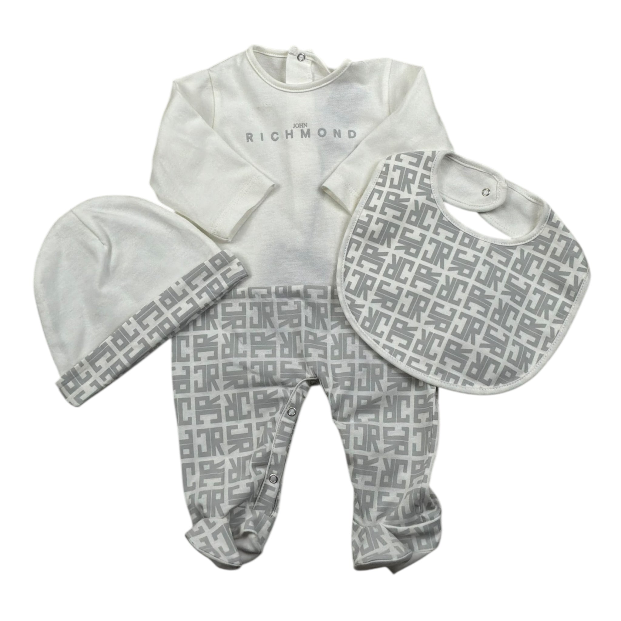 John Richmond Set Tutina-Cappello-Bavette Bicolore per Neonato RLP26001TU BIANCO/GRIGIO JOHN RICHMOND 