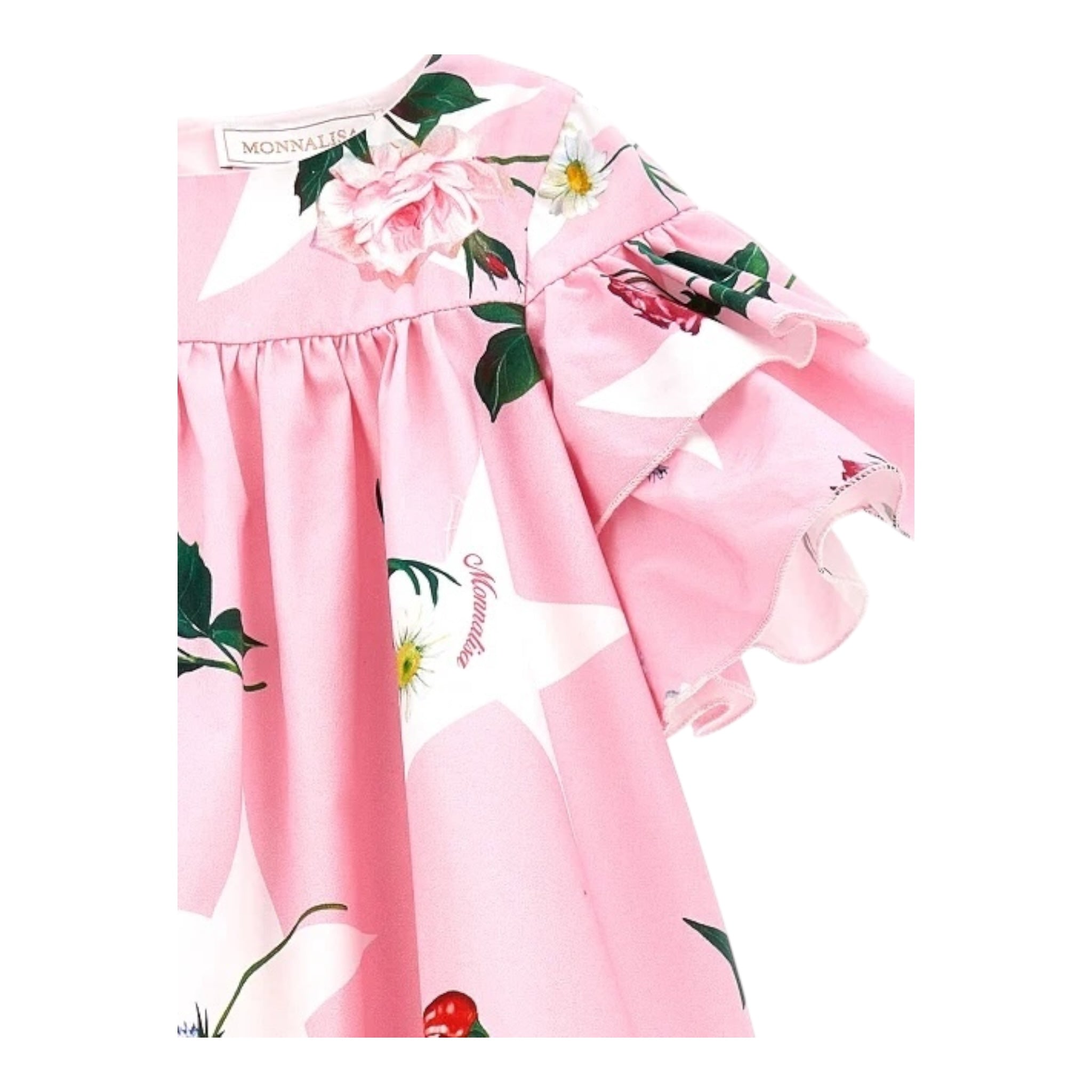 Monnalisa Abito Tinta Unita con Balze E Fantasia Fiori per Bambina 11C903 ROSA MONNALISA 