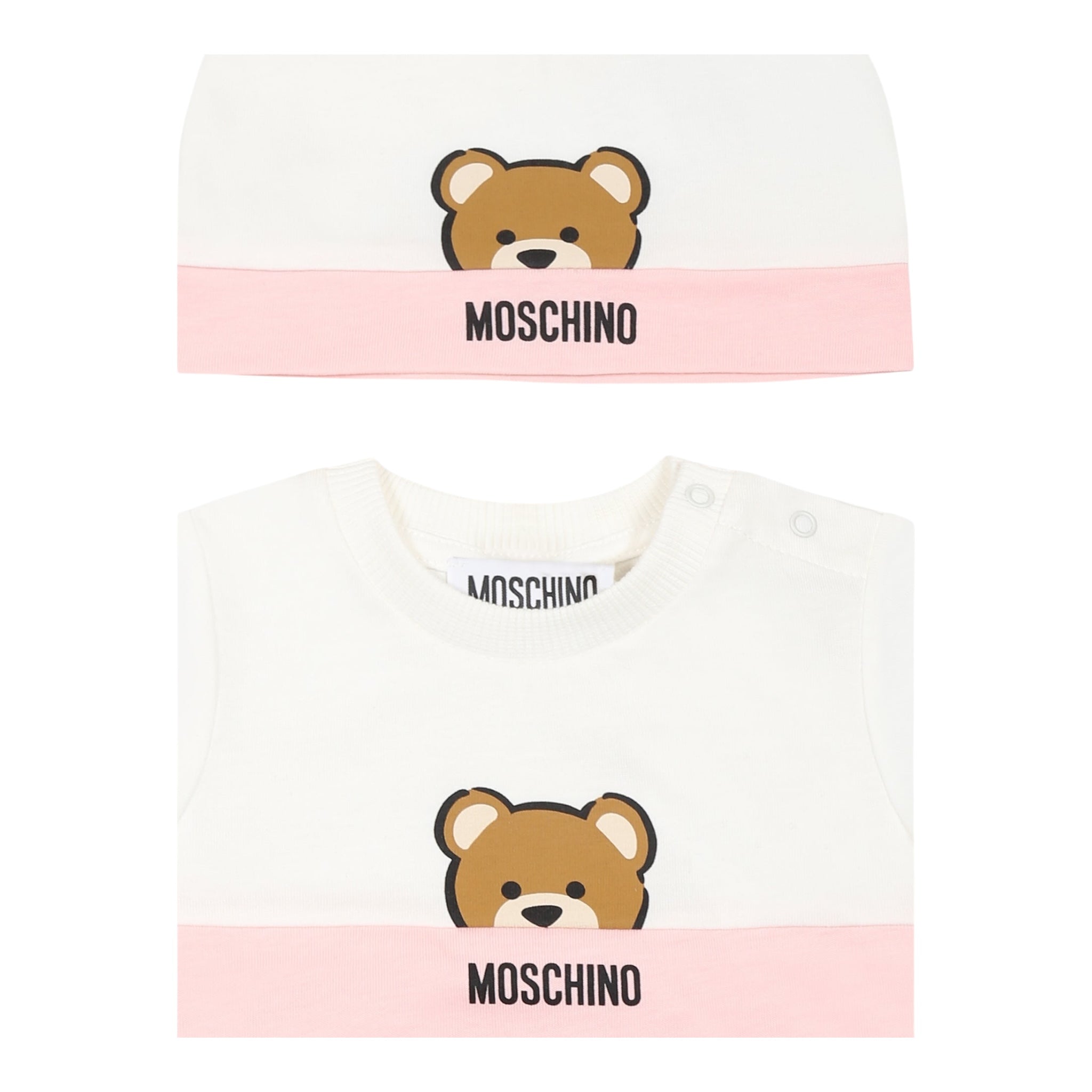 Moschino Set Pagliaccetto-Cappello Bicolore per Neonata MUY07EX BIANCO/ROSA MOSCHINO 