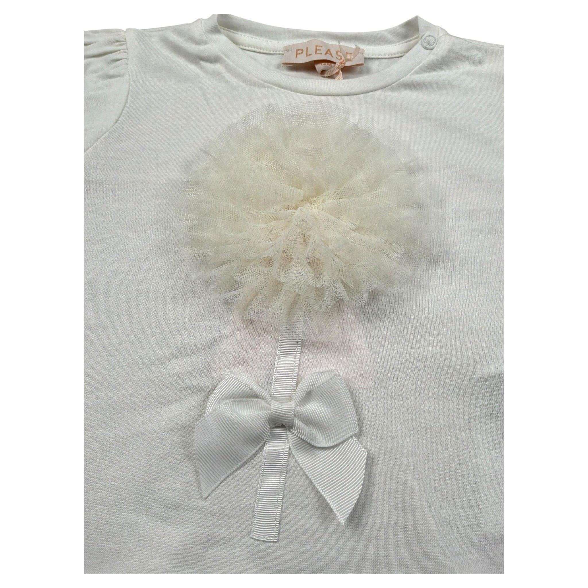 Please T-Shirt Girocollo Tinta Unita con Tulle per Neonata MB33030G73 BIANCO PLEASE 