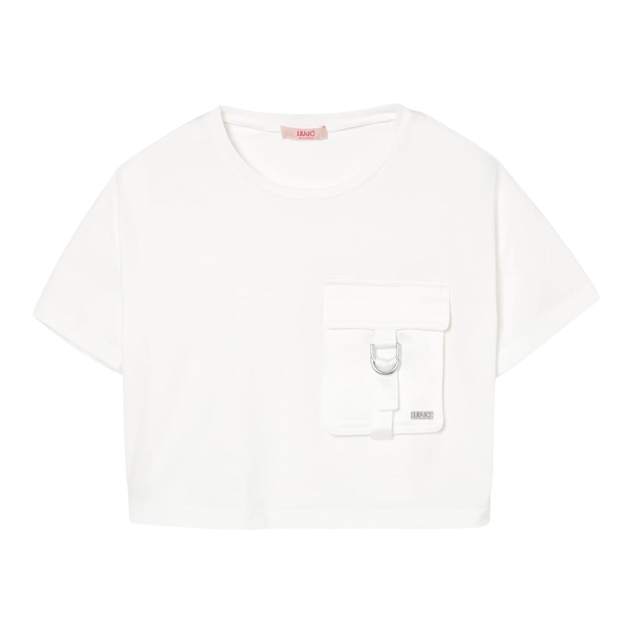 Liu Jo T-Shirt Girocollo Tinta Unita con Taschino Modello Crop per Bambina GA5016XX BIANCO LIU JO 