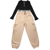 Minimal Complete 2-teiliges zweifarbiges schwarz/beiges Hemd-Hosen-Set für Mädchen
