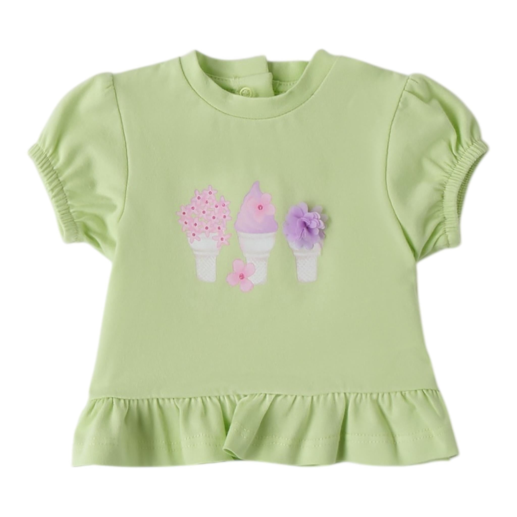 Mini Banda T-Shirt Girocollo Tinta Unita con Stampa per Neonata 3B726 VERDE MINI BANDA 