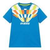 Guess – Einfarbiges T-Shirt mit Rundhalsausschnitt und Kobaltblau-Print für Neugeborene