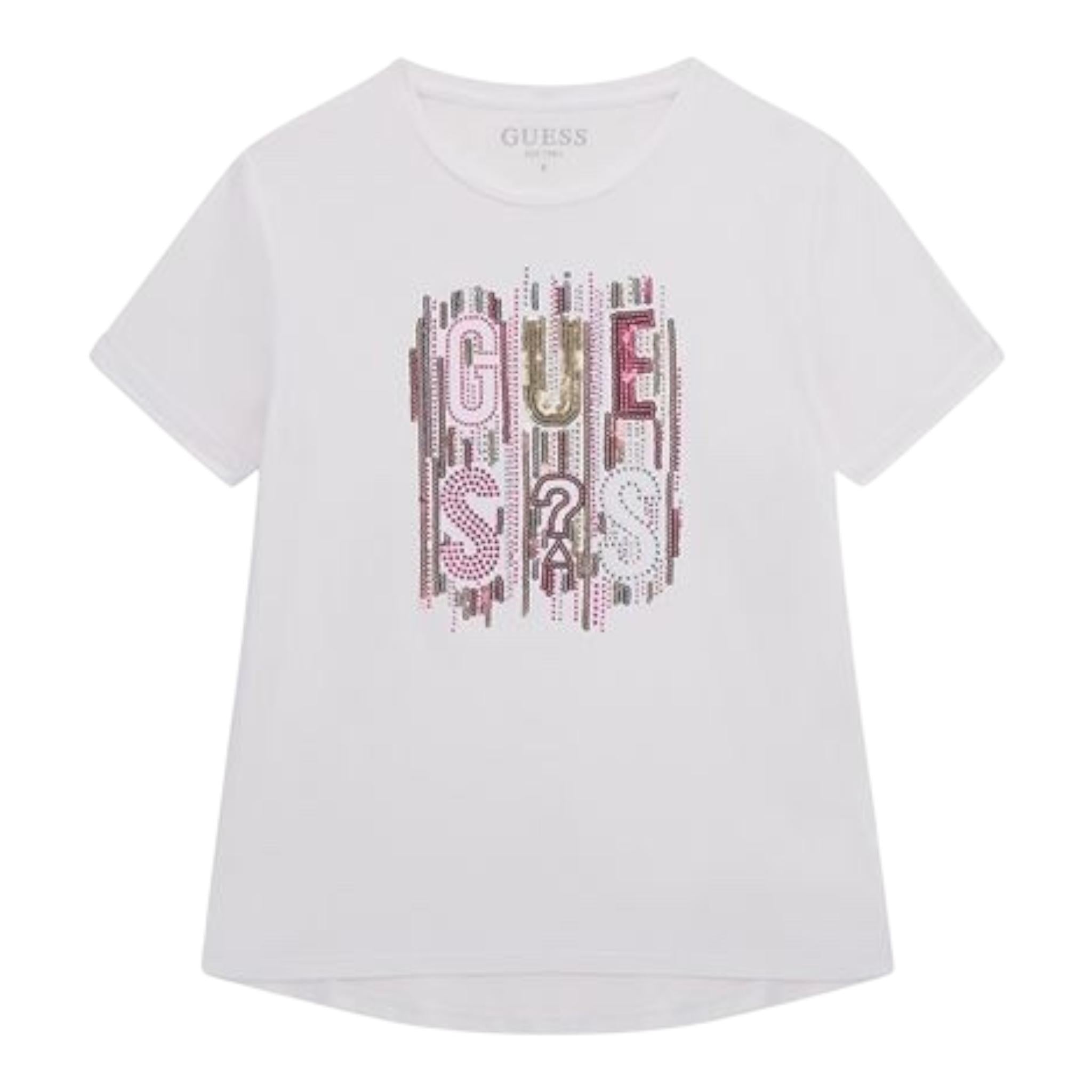 Guess T-Shirt Girocollo Tinta Unita con Paillettes per Bambina J5RI19KAPO0 BIANCO GUESS 