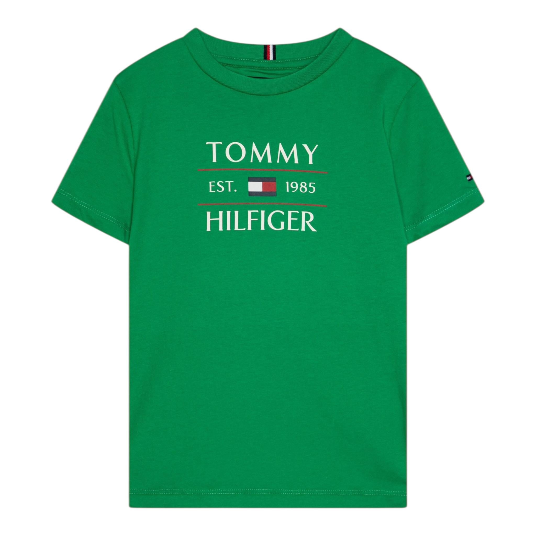 Tommy Hilfiger T-Shirt Girocollo Tinta Unita con Logo per Bambino KB0KB09538X VERDE TOMMY HILFIGER 