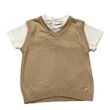 Le Bebe' Einfarbiges T-Shirt mit Rundhalsausschnitt und Weste aus Kunststrick, Weiß/Beige, für Neugeborene