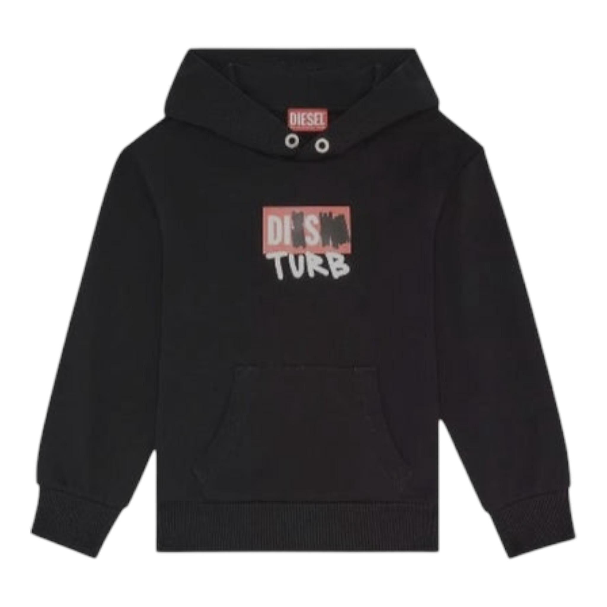 Diesel Felpa tinta unita con Cappuccio E Stampa Nero per Bambino J00836 NERO DIESEL 