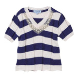 Mimisol Zweifarbiges V-Ausschnitt-Strick-T-Shirt mit blauem Streifenmuster für Mädchen