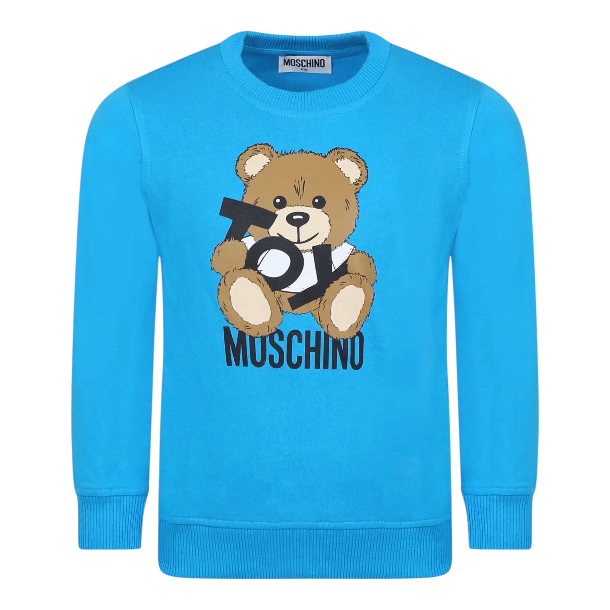 Moschino Felpa Chiusa Girocollo tinta unita con Stampa Orso Azzurro per Bambino HUF08V AZZURRO MOSCHINO 